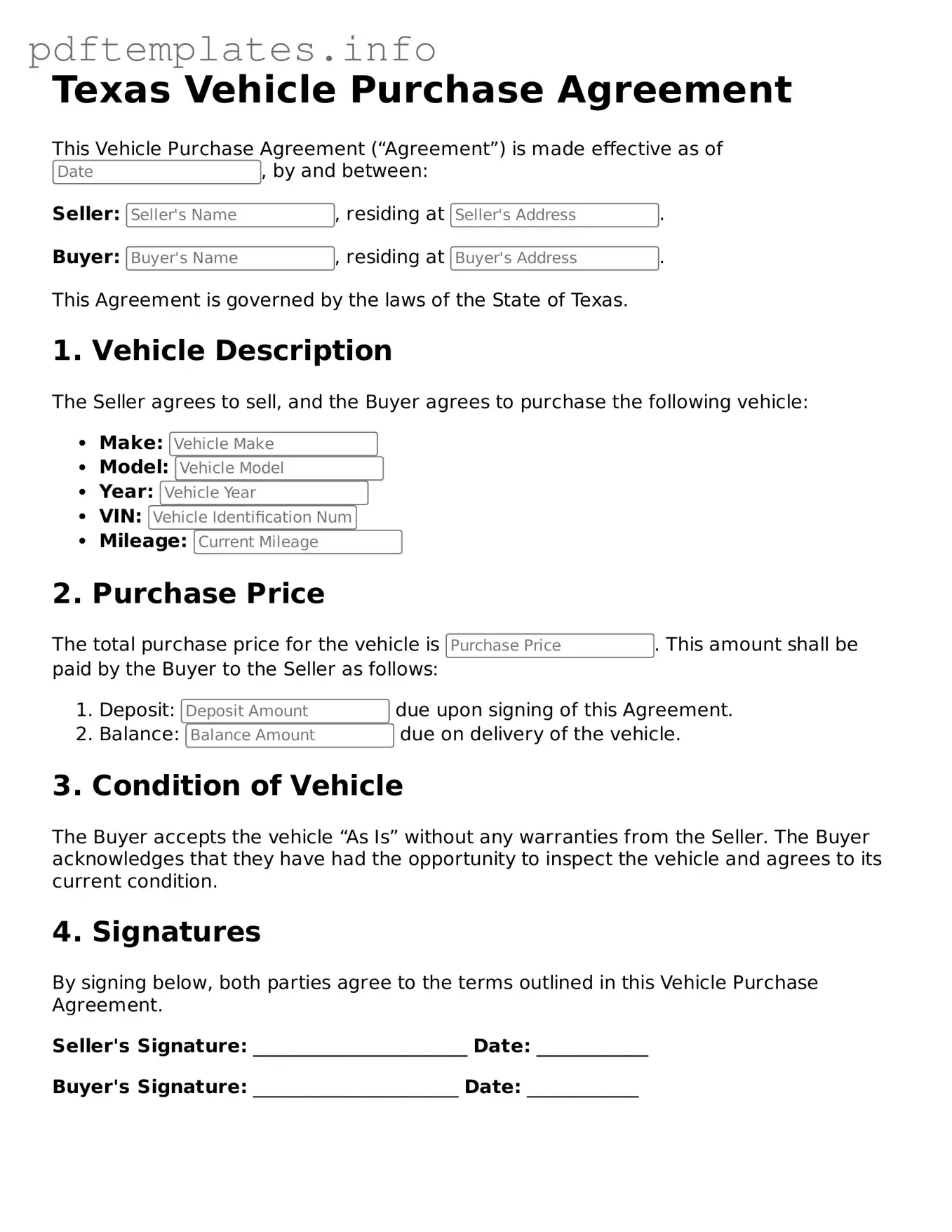 Blank Vehicle Purchase Agreement Form for Texas State