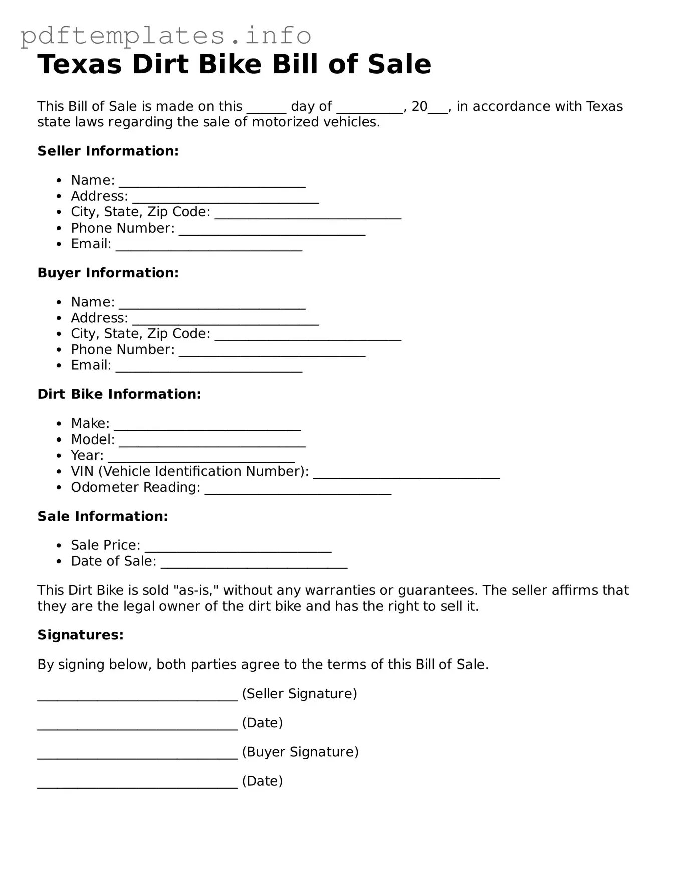 Blank Dirt Bike Bill of Sale Form for Texas State