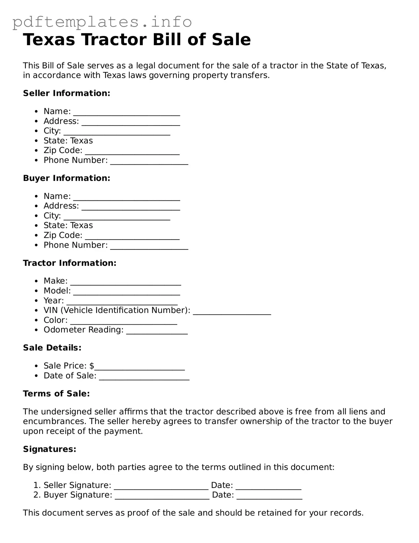 Blank Tractor Bill of Sale Form for Texas State