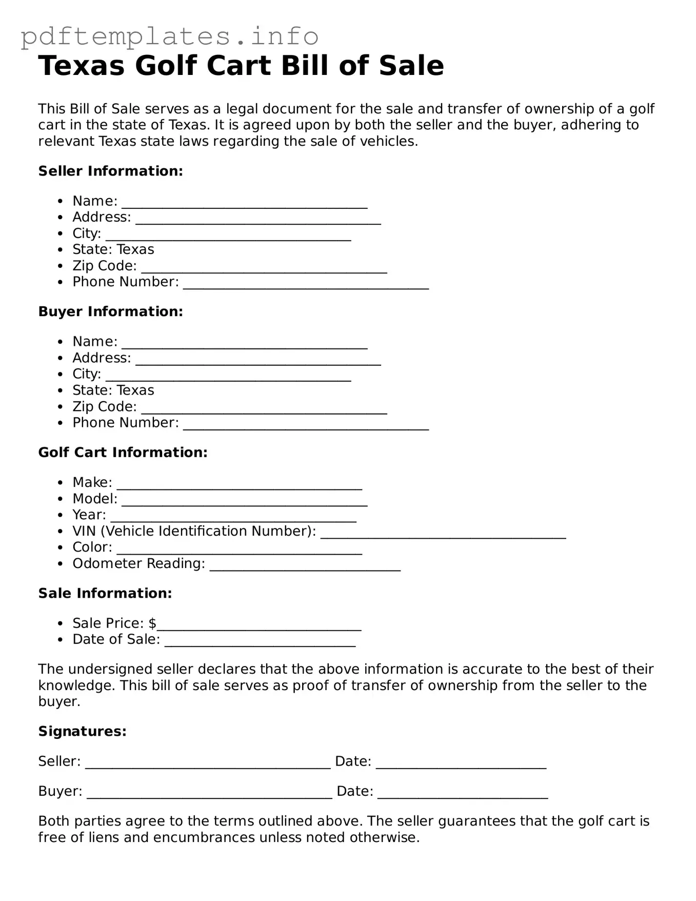 Blank Golf Cart Bill of Sale Form for Texas State