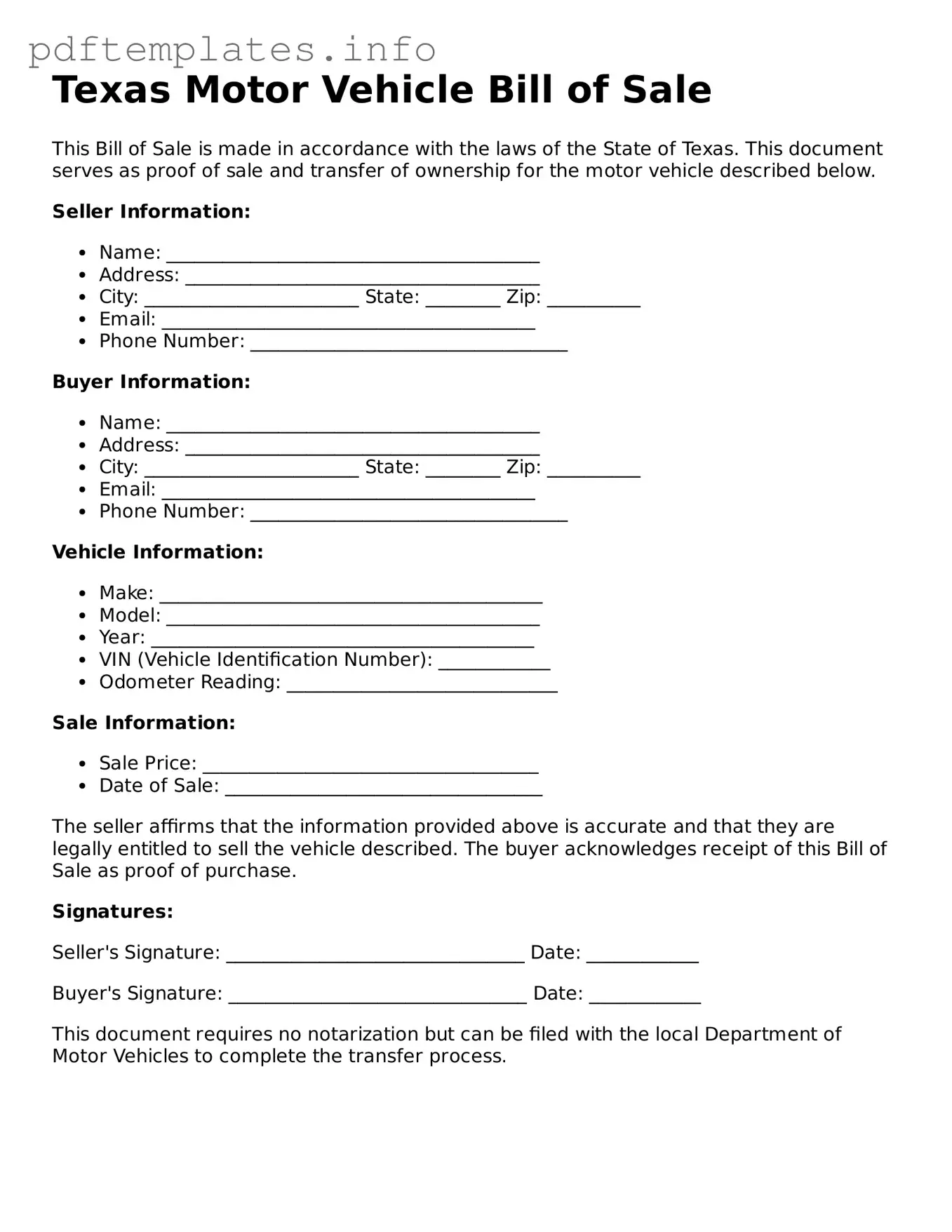 Blank Motor Vehicle Bill of Sale Form for Texas State