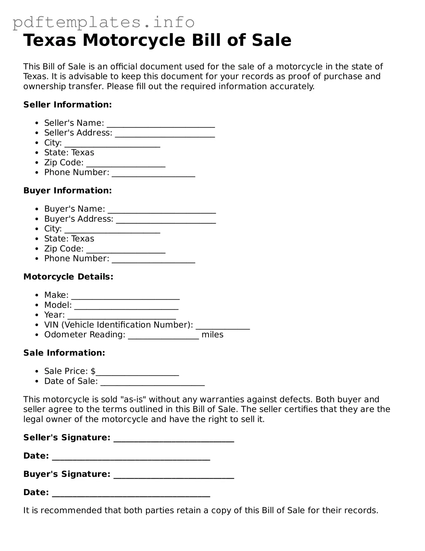 Blank Motorcycle Bill of Sale Form for Texas State