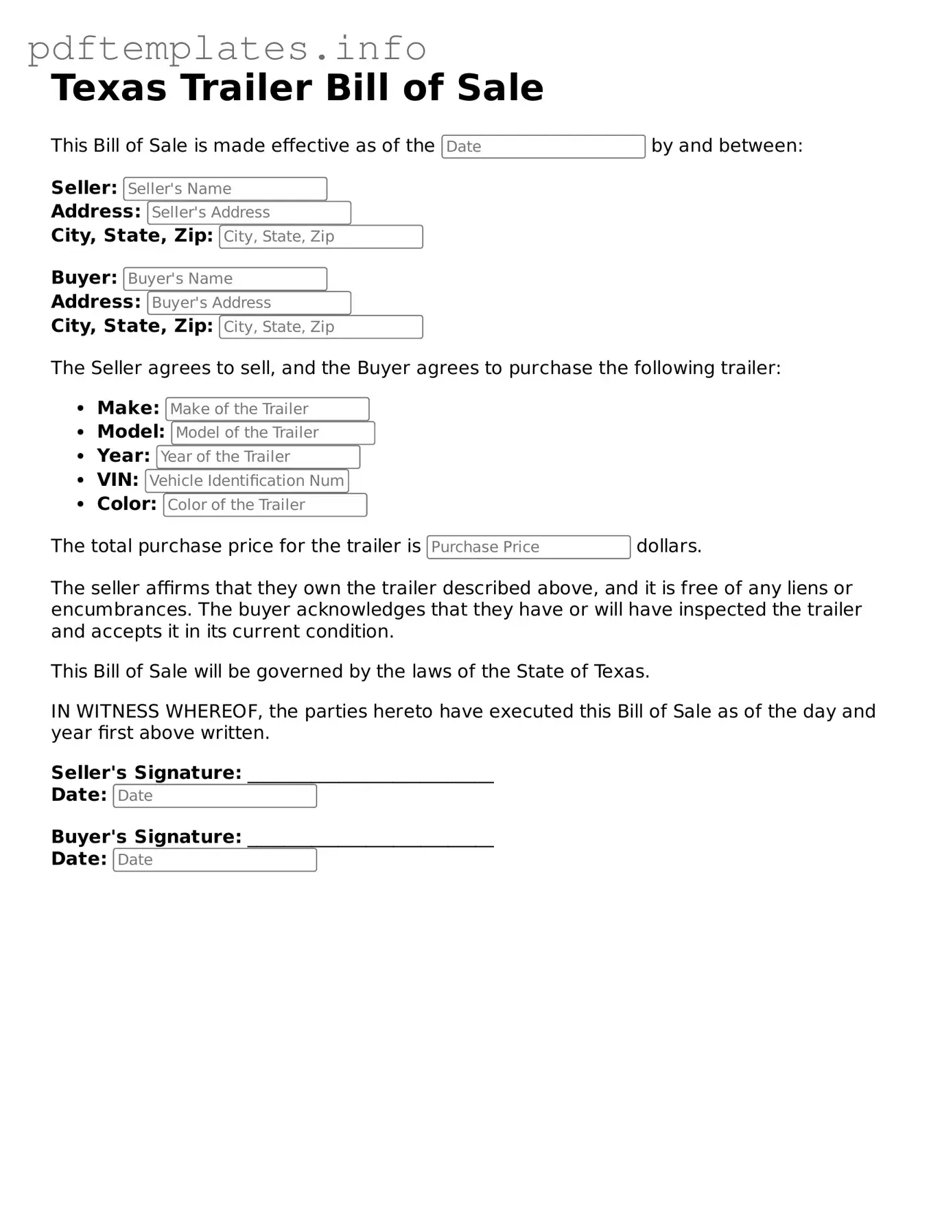 Blank Trailer Bill of Sale Form for Texas State