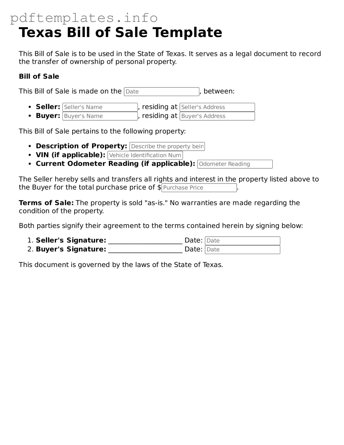 Blank Bill of Sale Form for Texas State