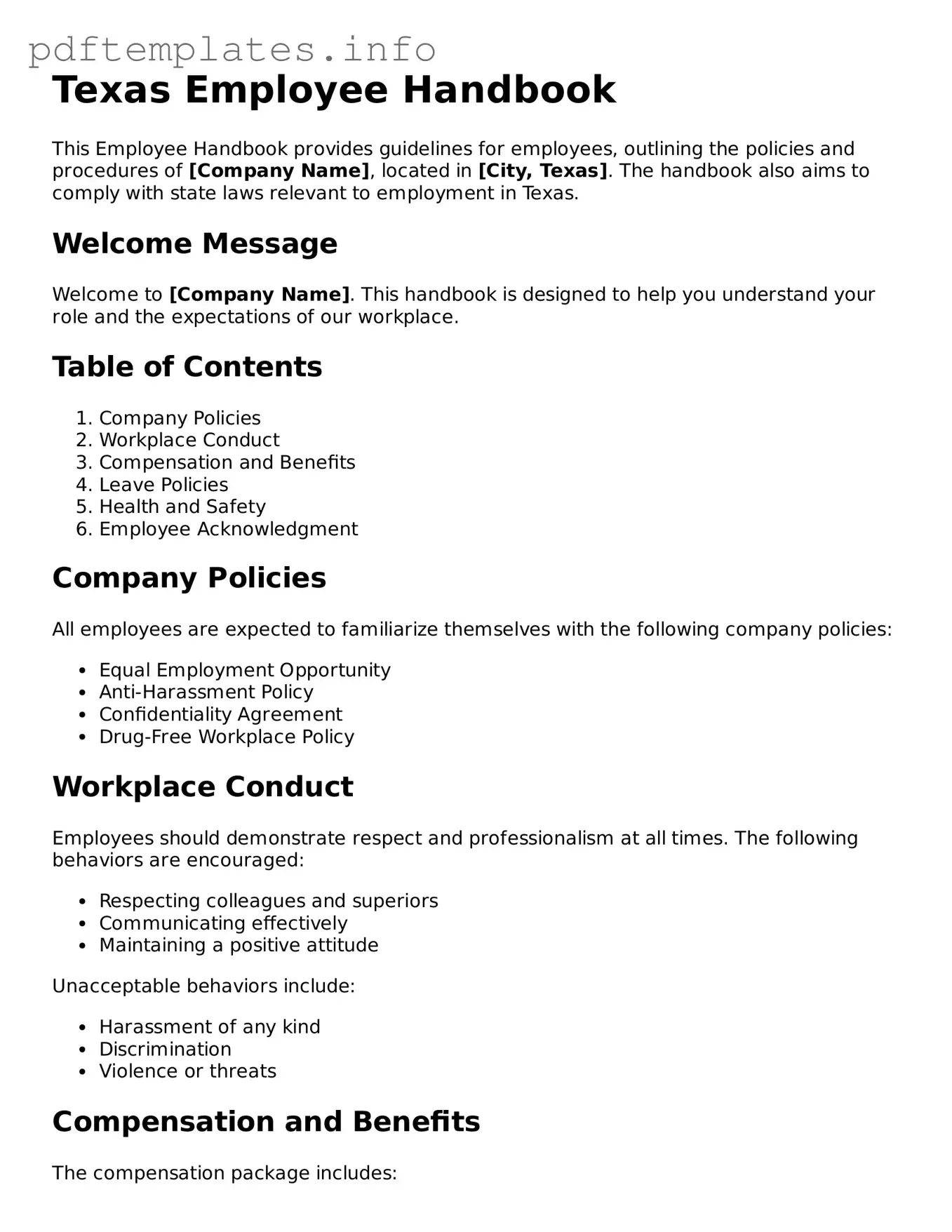 Blank Employee Handbook Form for Texas State