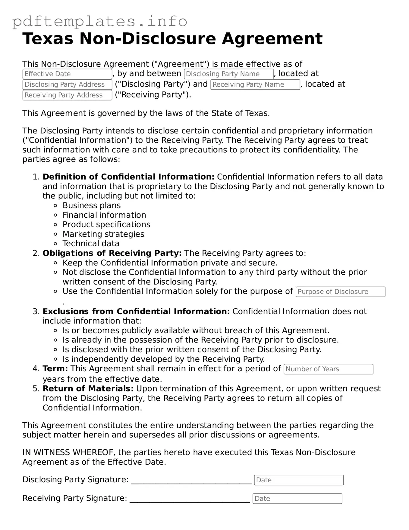 Blank Non-disclosure Agreement Form for Texas State