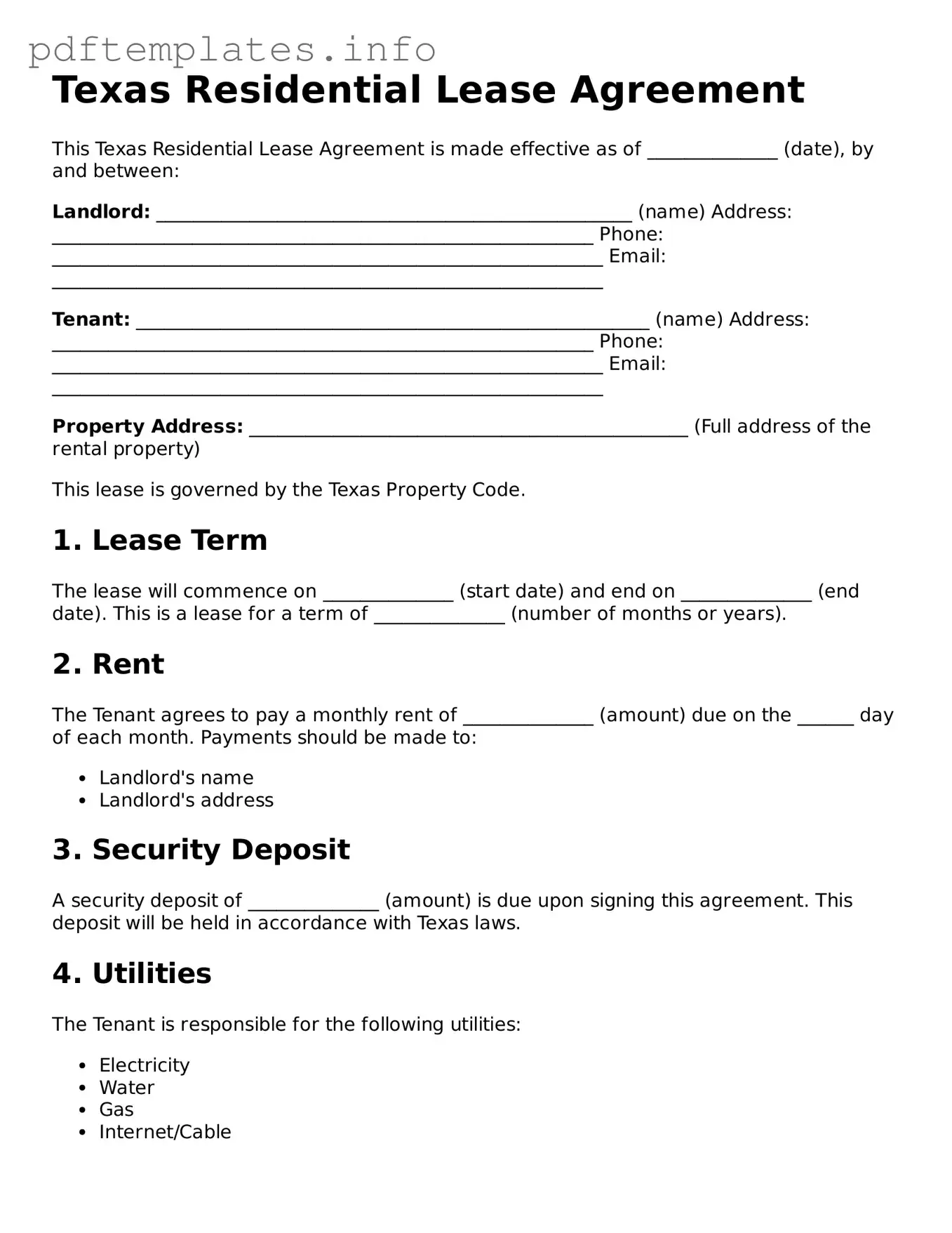 Blank Residential Lease Agreement Form for Texas State