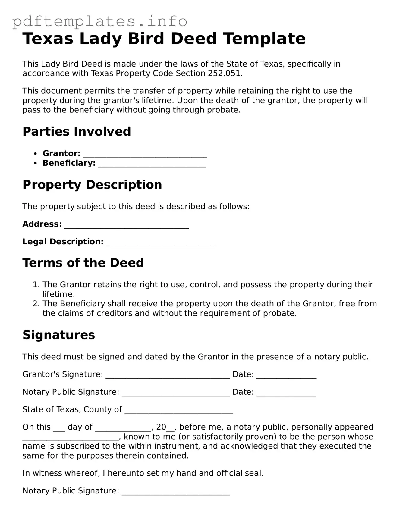 Blank Lady Bird Deed Form for Texas State