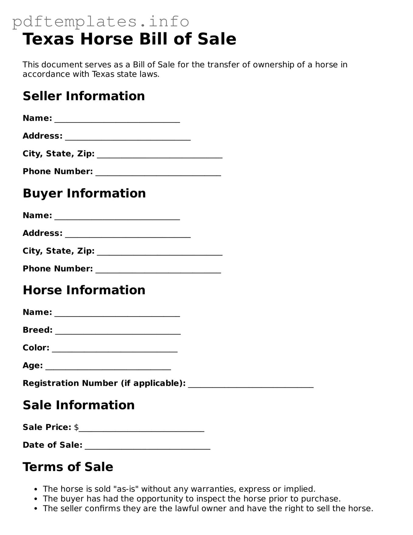 Blank Horse Bill of Sale Form for Texas State