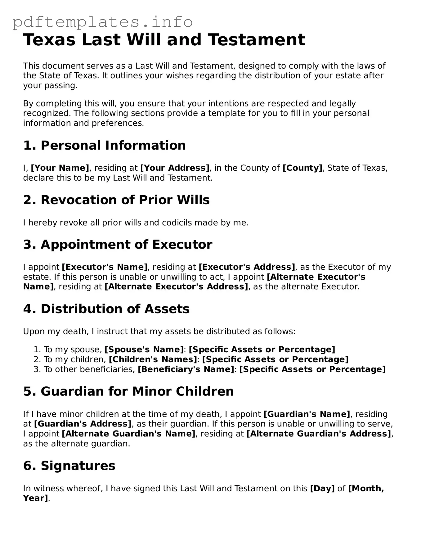 Blank Last Will and Testament Form for Texas State