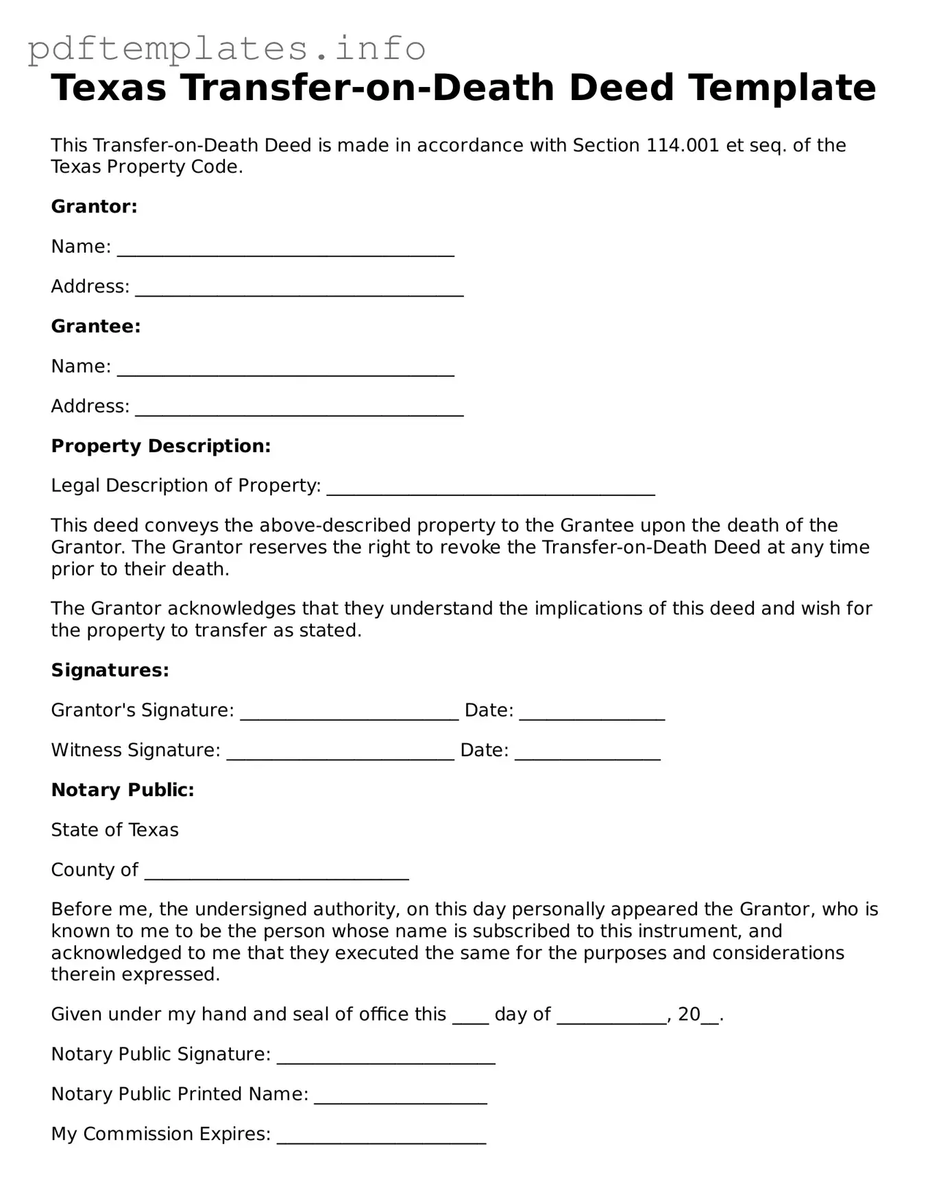 Blank Transfer-on-Death Deed Form for Texas State