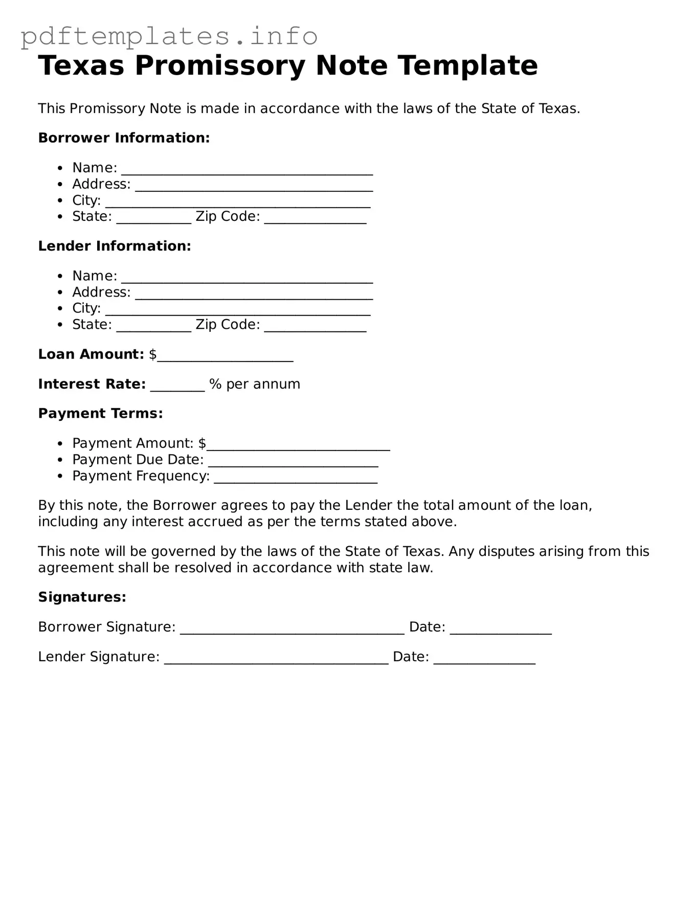 Blank Promissory Note Form for Texas State
