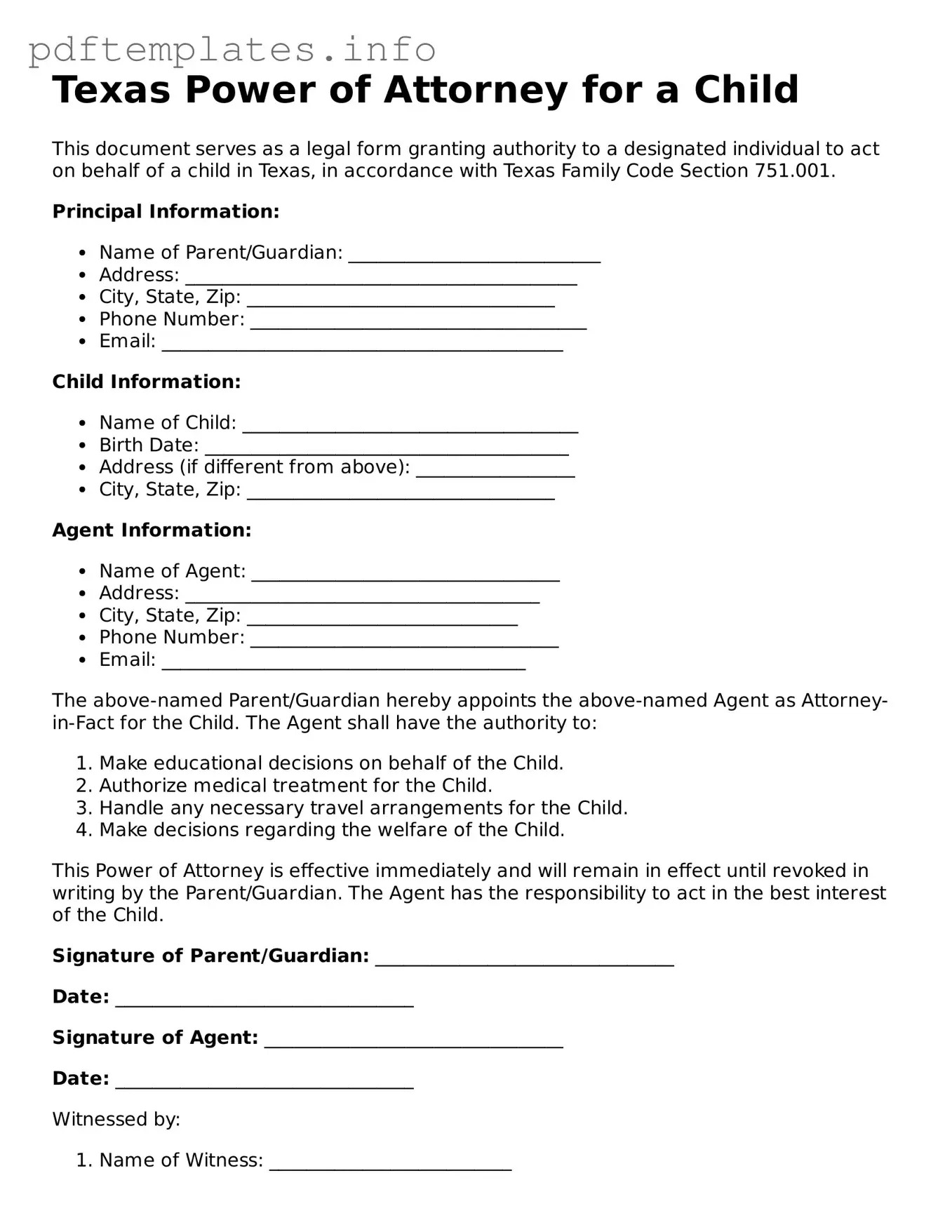 Blank Power of Attorney for a Child Form for Texas State