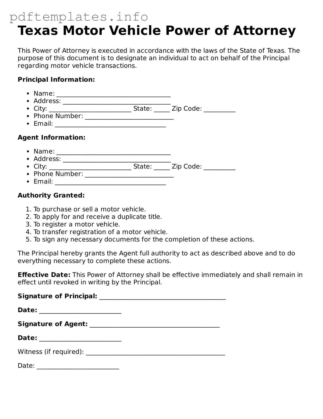 Blank Motor Vehicle Power of Attorney Form for Texas State