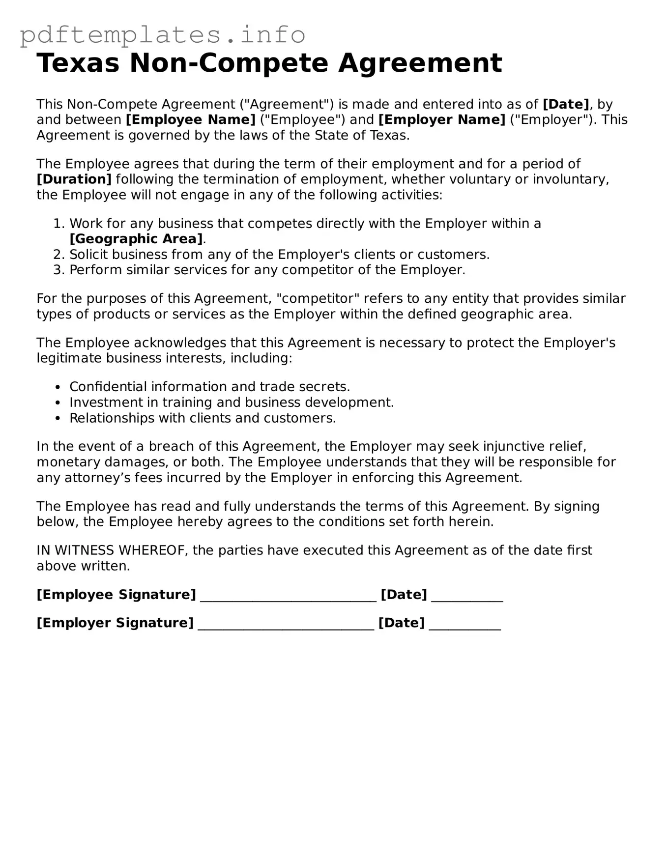 Blank Non-compete Agreement Form for Texas State