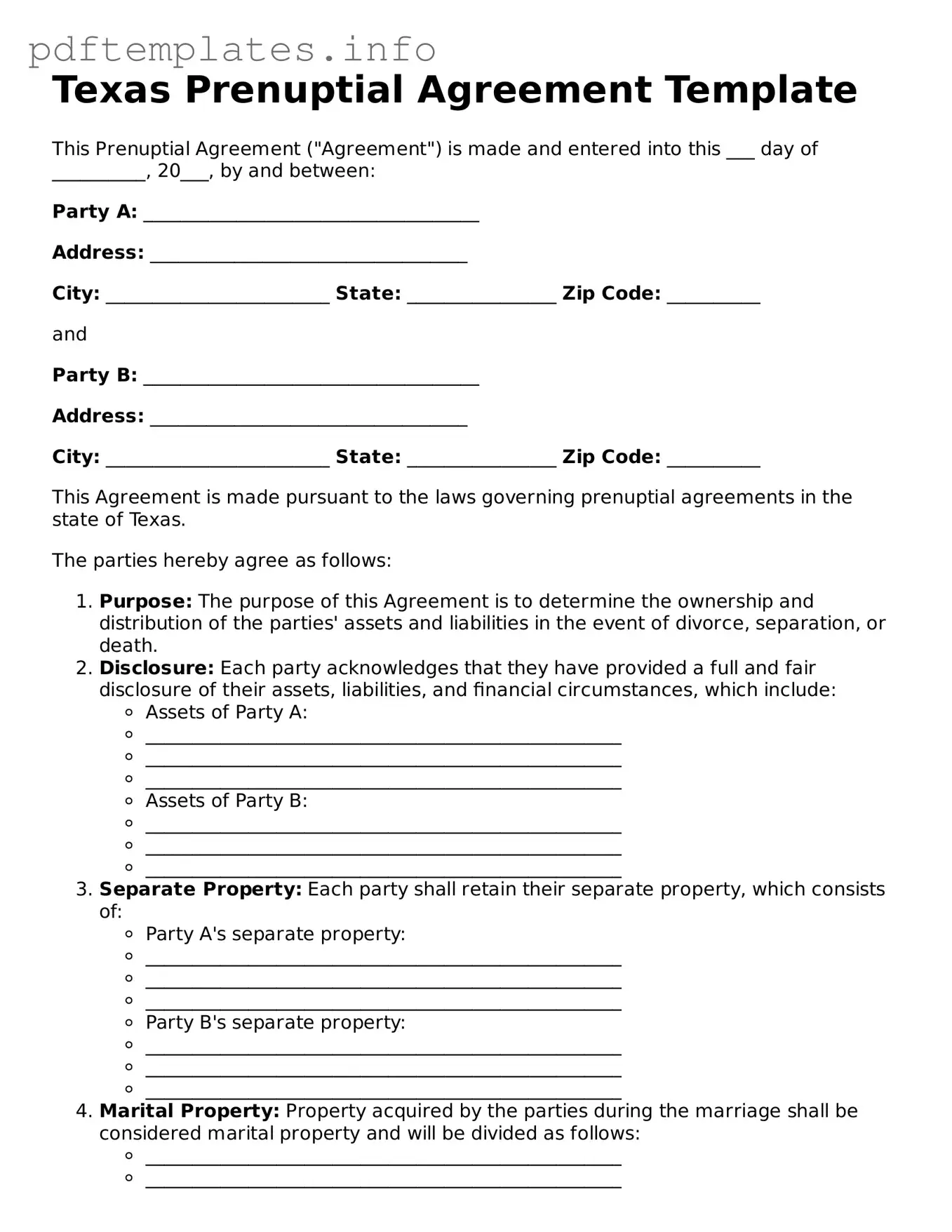 Blank Prenuptial Agreement Form for Texas State
