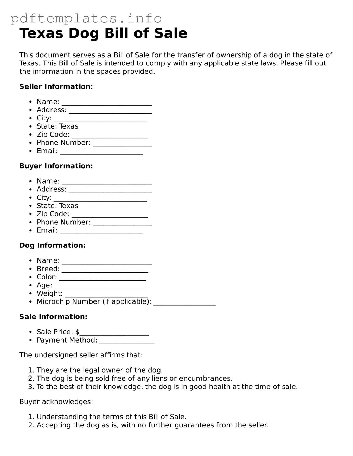 Blank Dog Bill of Sale Form for Texas State