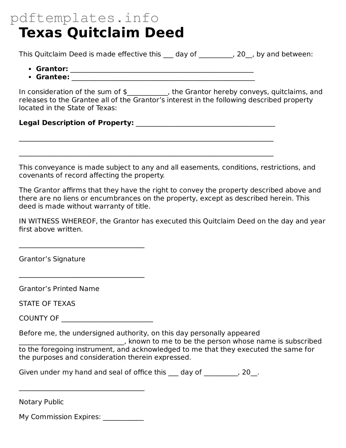 Blank Quitclaim Deed Form for Texas State