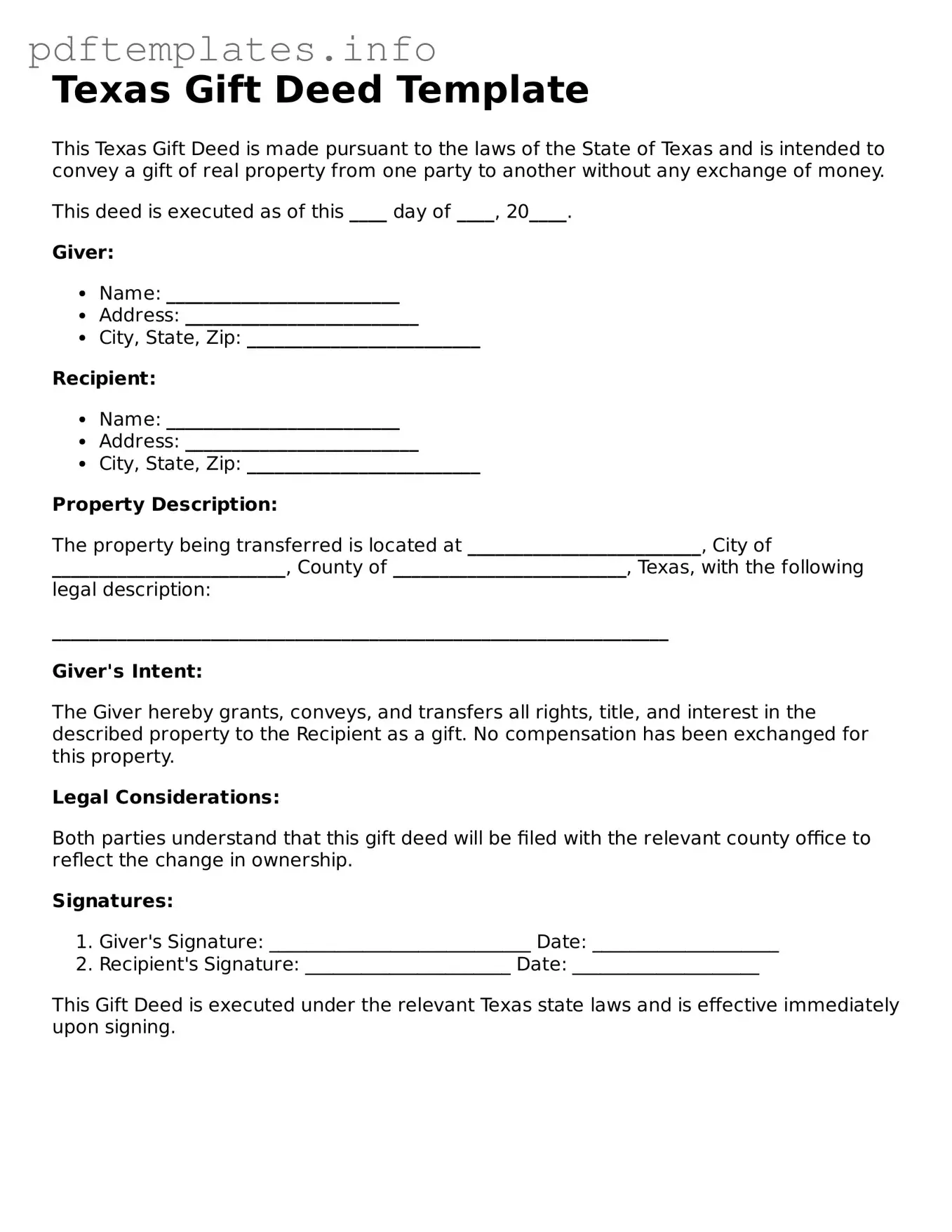 Blank Gift Deed Form for Texas State