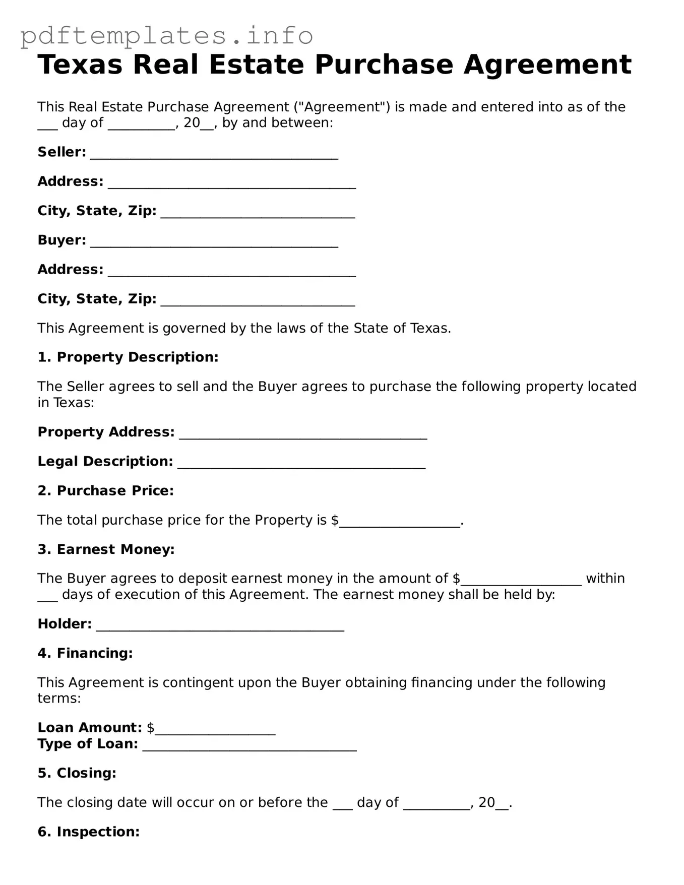 Blank Real Estate Purchase Agreement Form for Texas State