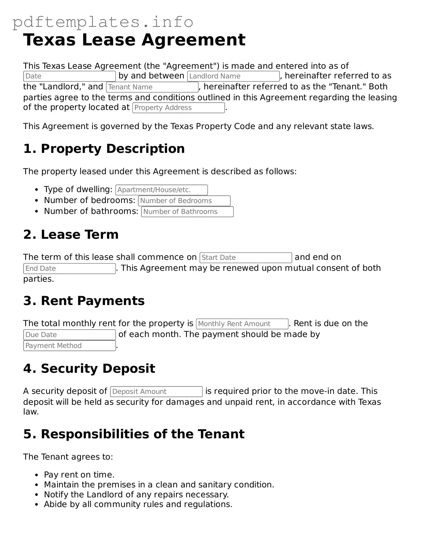 Blank Lease Agreement Form for Texas State