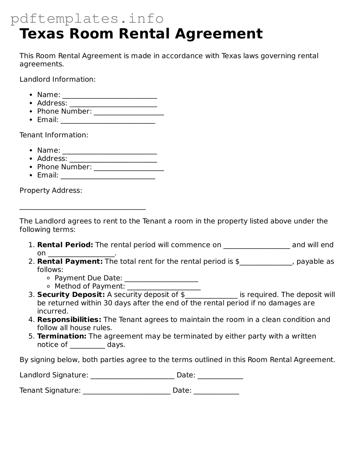Blank Room Rental Agreement Form for Texas State