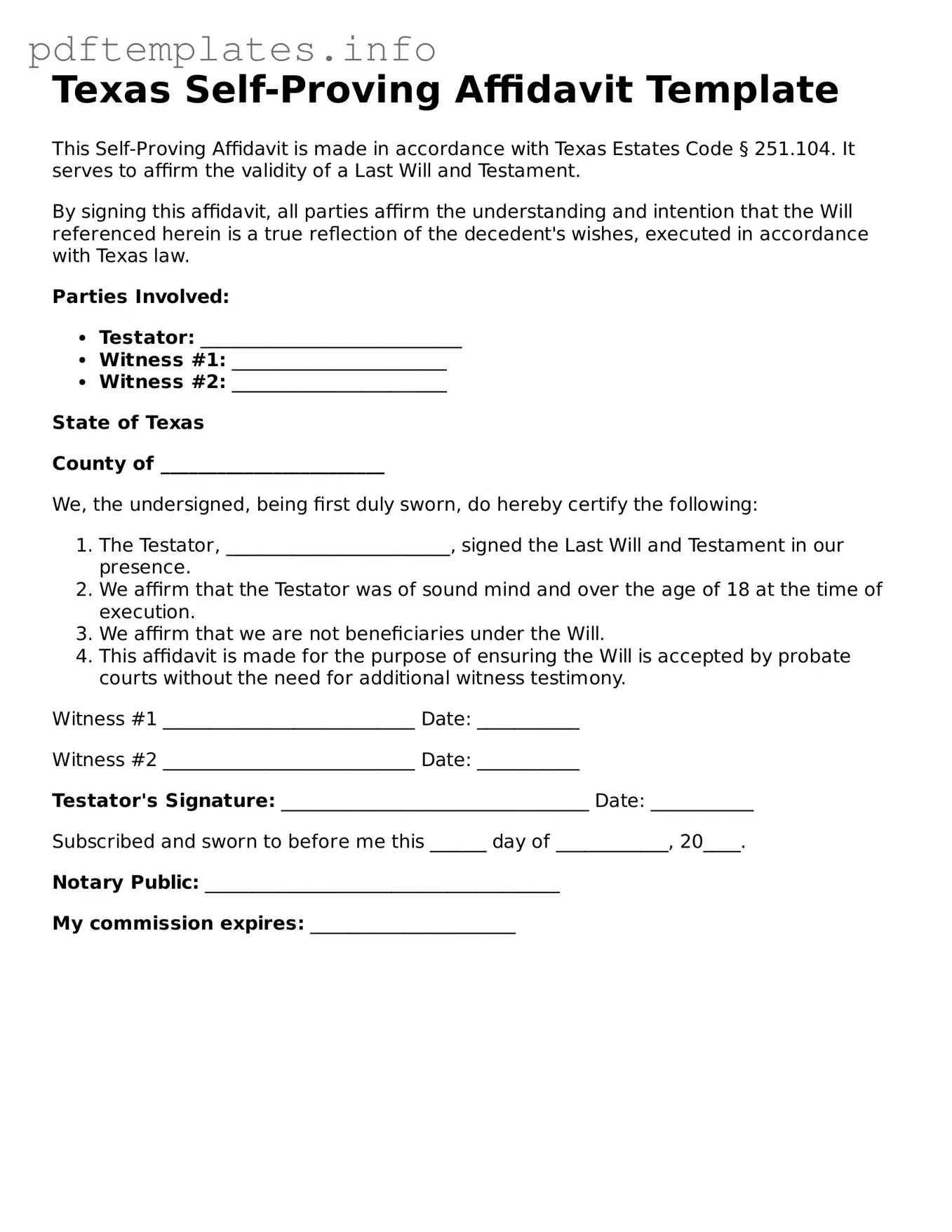 Blank Self-Proving Affidavit Form for Texas State