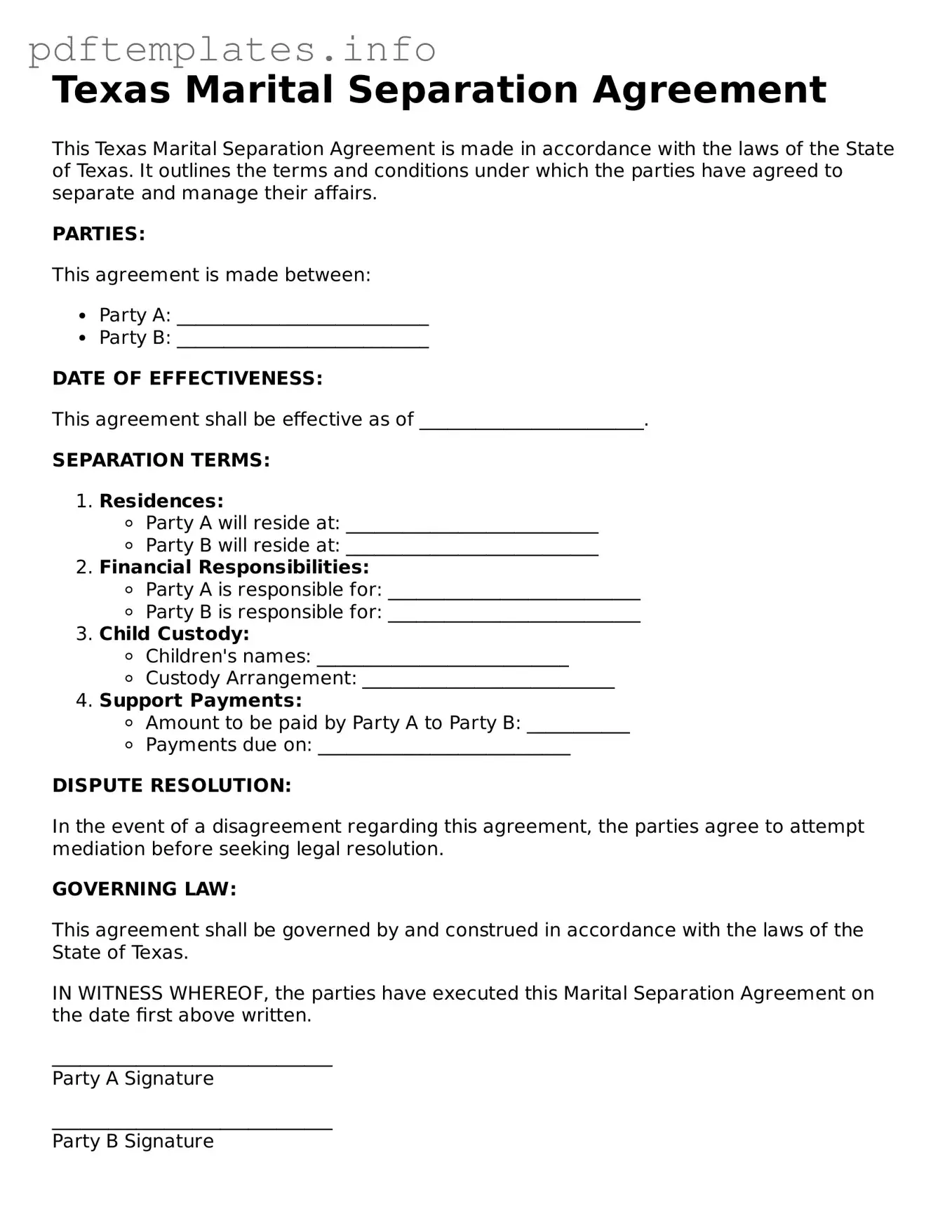 Blank Marital Separation Agreement Form for Texas State