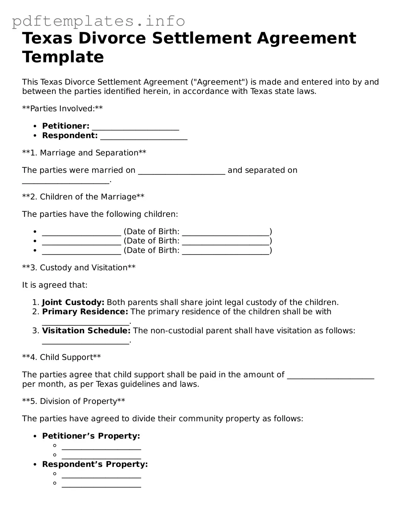 Blank Divorce Settlement Agreement Form for Texas State