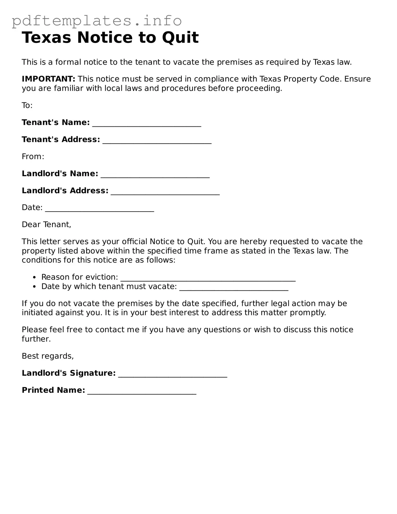 Blank Notice to Quit Form for Texas State