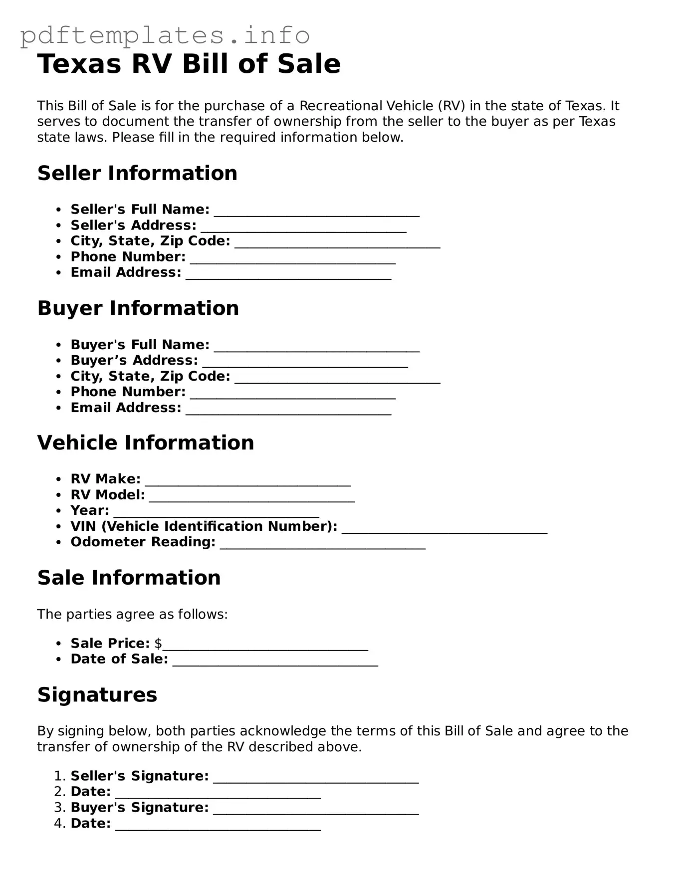 Blank RV Bill of Sale Form for Texas State