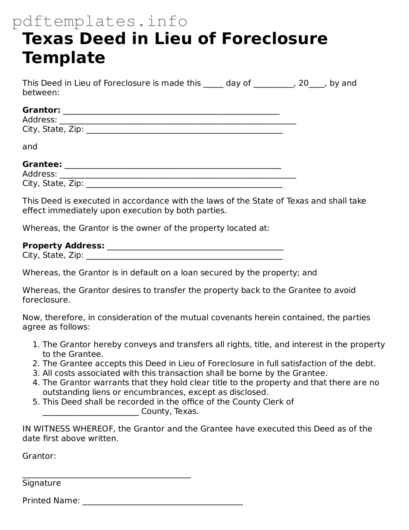 Blank Deed in Lieu of Foreclosure Form for Texas State
