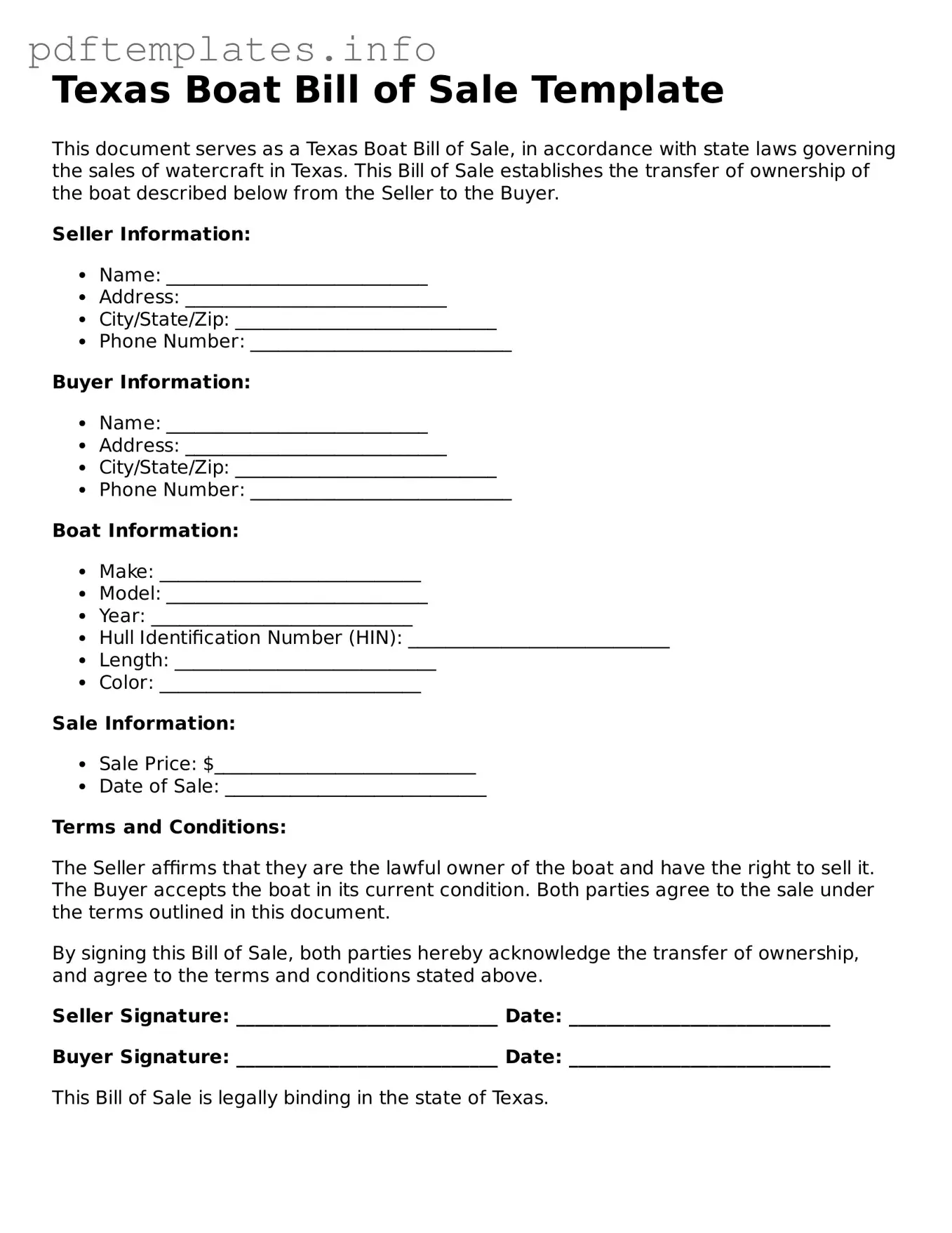 Blank Boat Bill of Sale Form for Texas State