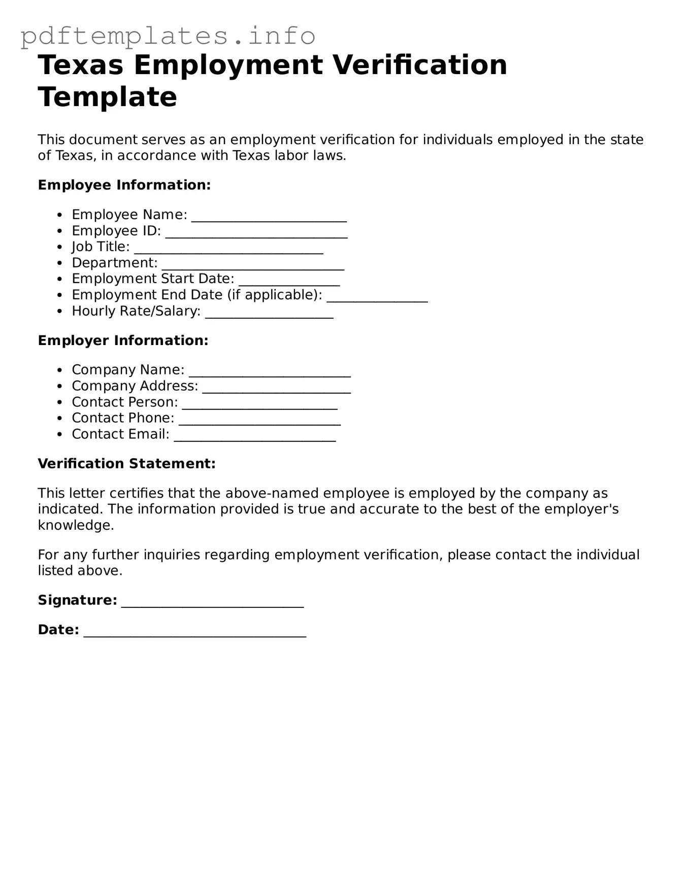 Blank Employment Verification Form for Texas State