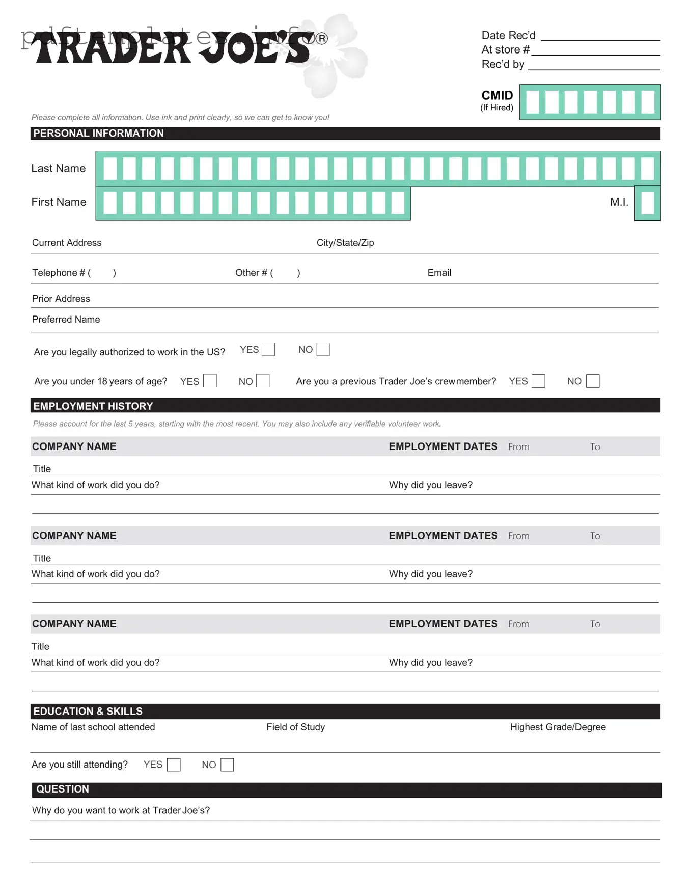 Fill Out a Valid Trader Joe's application Form
