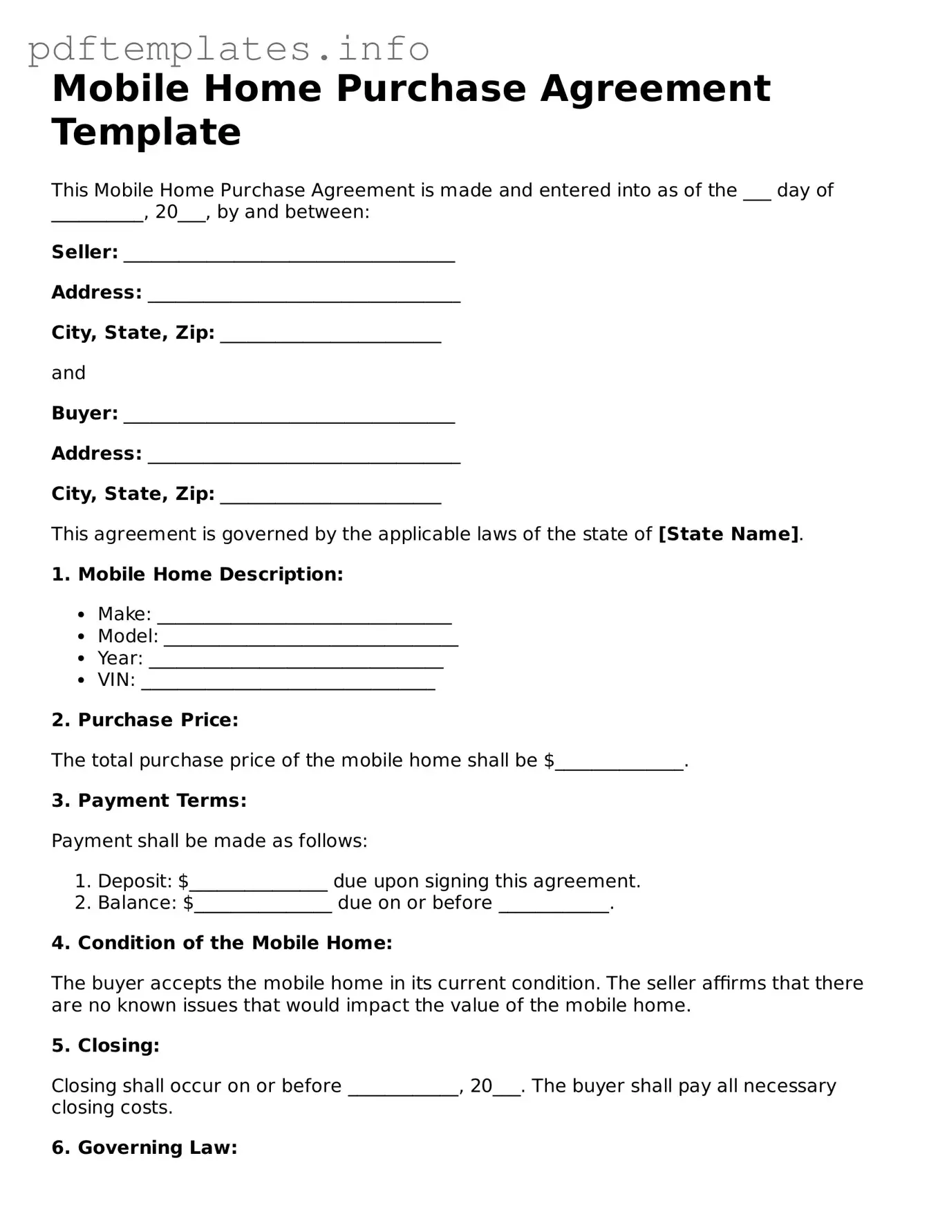 Printable Mobile Home Purchase Agreement Form