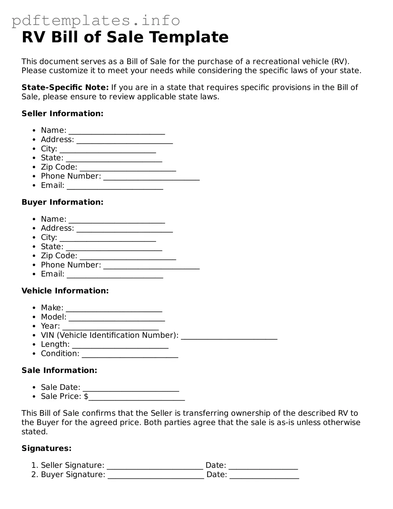 Printable RV Bill of Sale Form