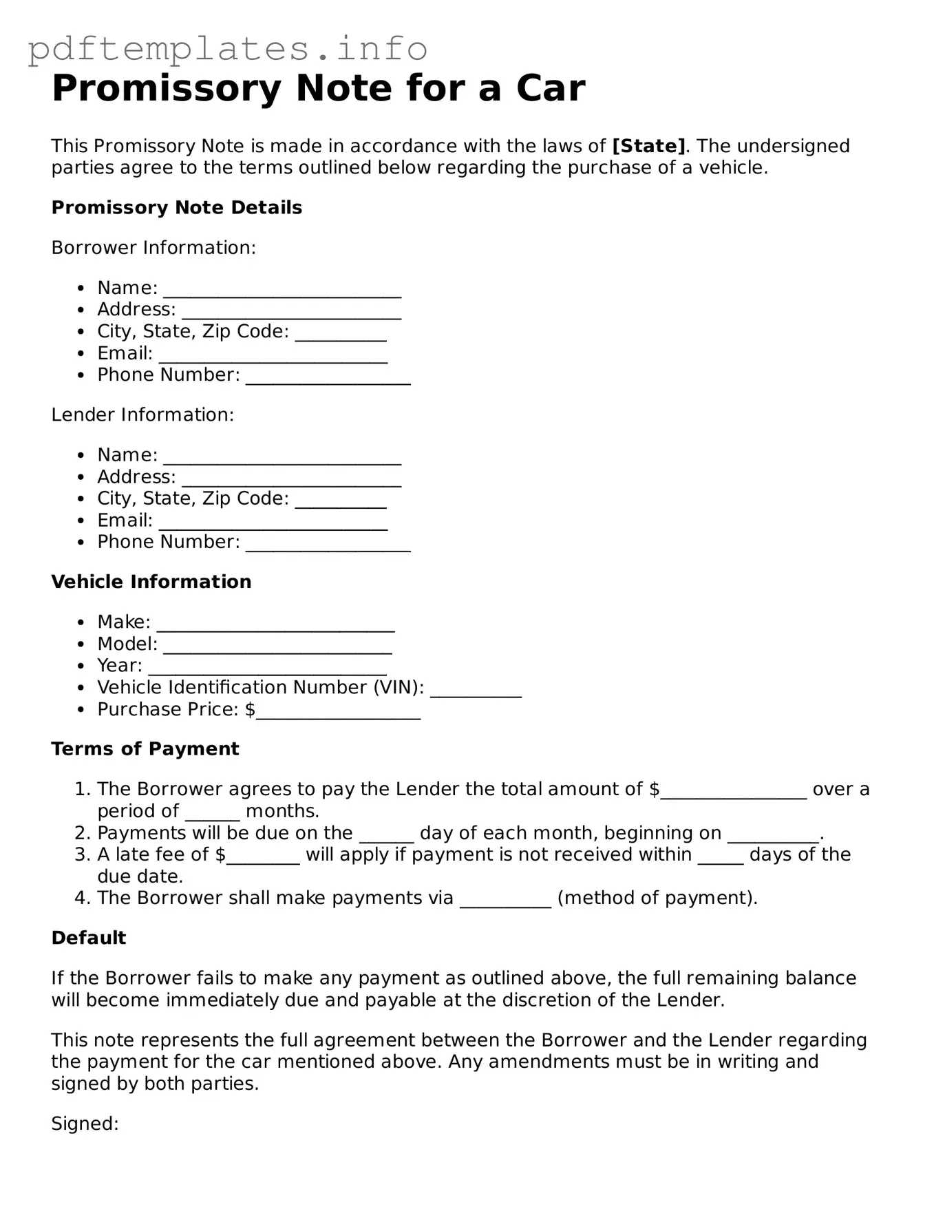 Printable Promissory Note for a Car Form