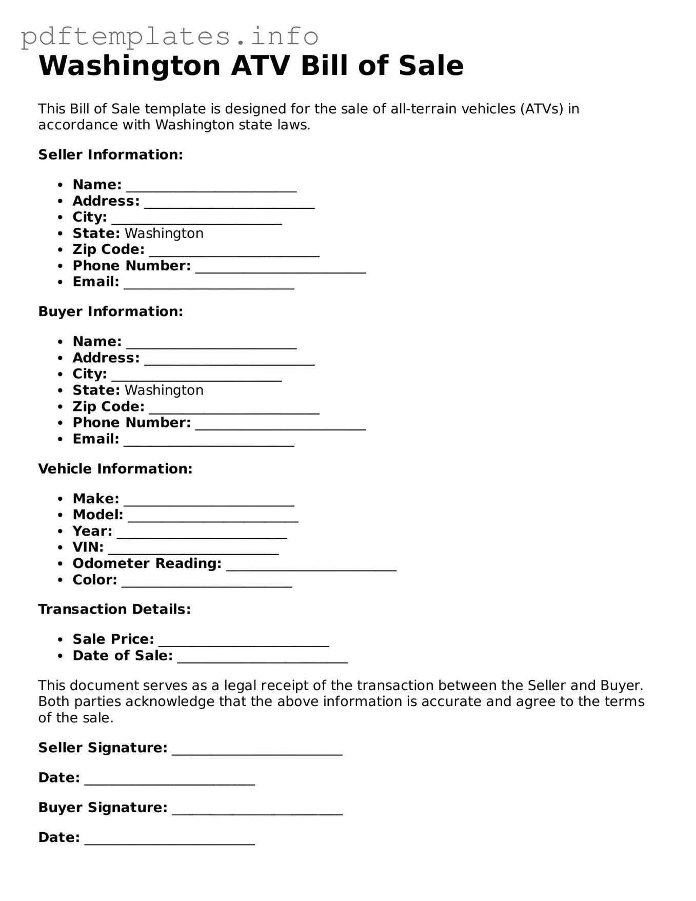 Blank ATV Bill of Sale Form for Washington State