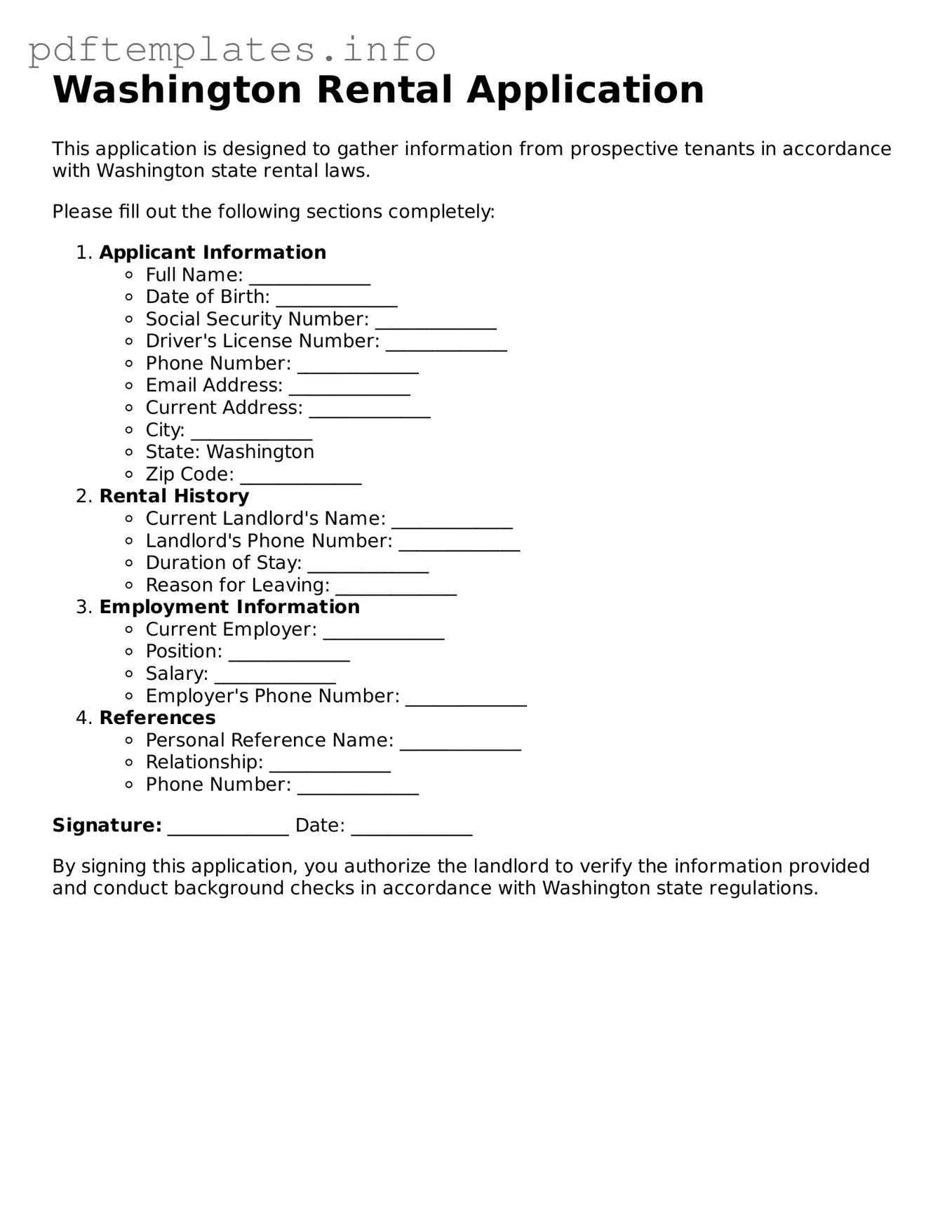 Blank Rental Application Form for Washington State