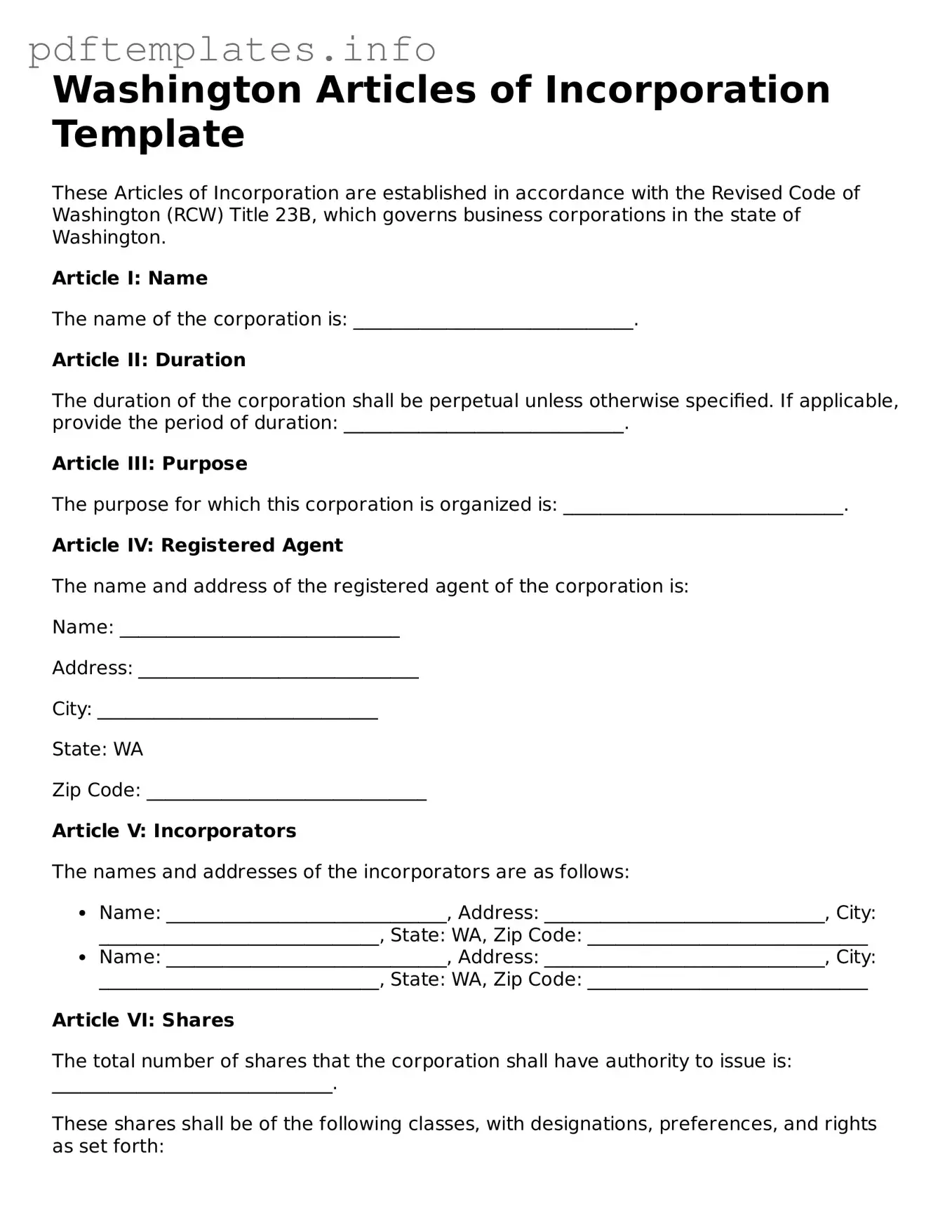 Blank Articles of Incorporation Form for Washington State