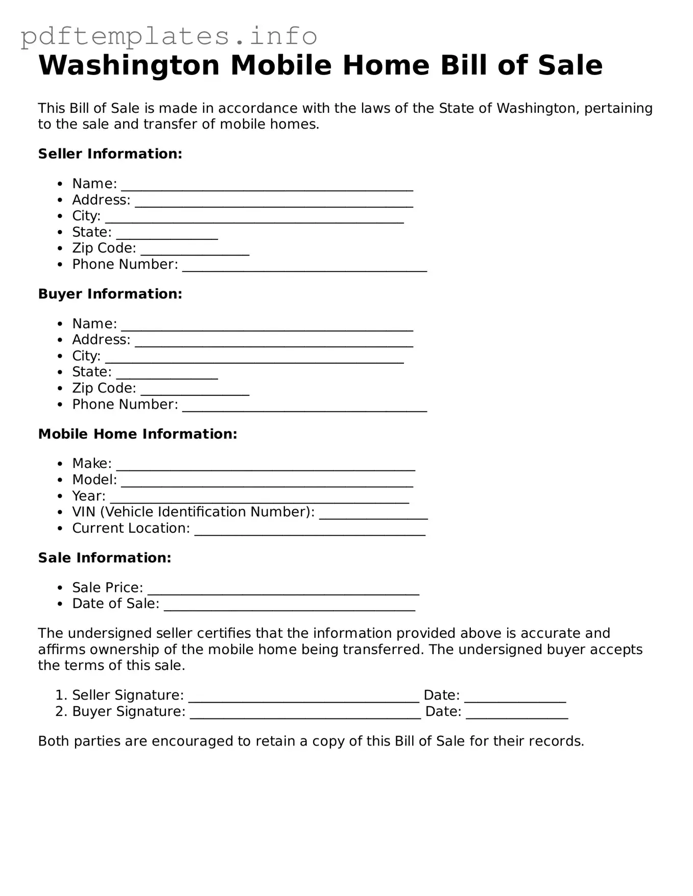 Blank Mobile Home Bill of Sale Form for Washington State