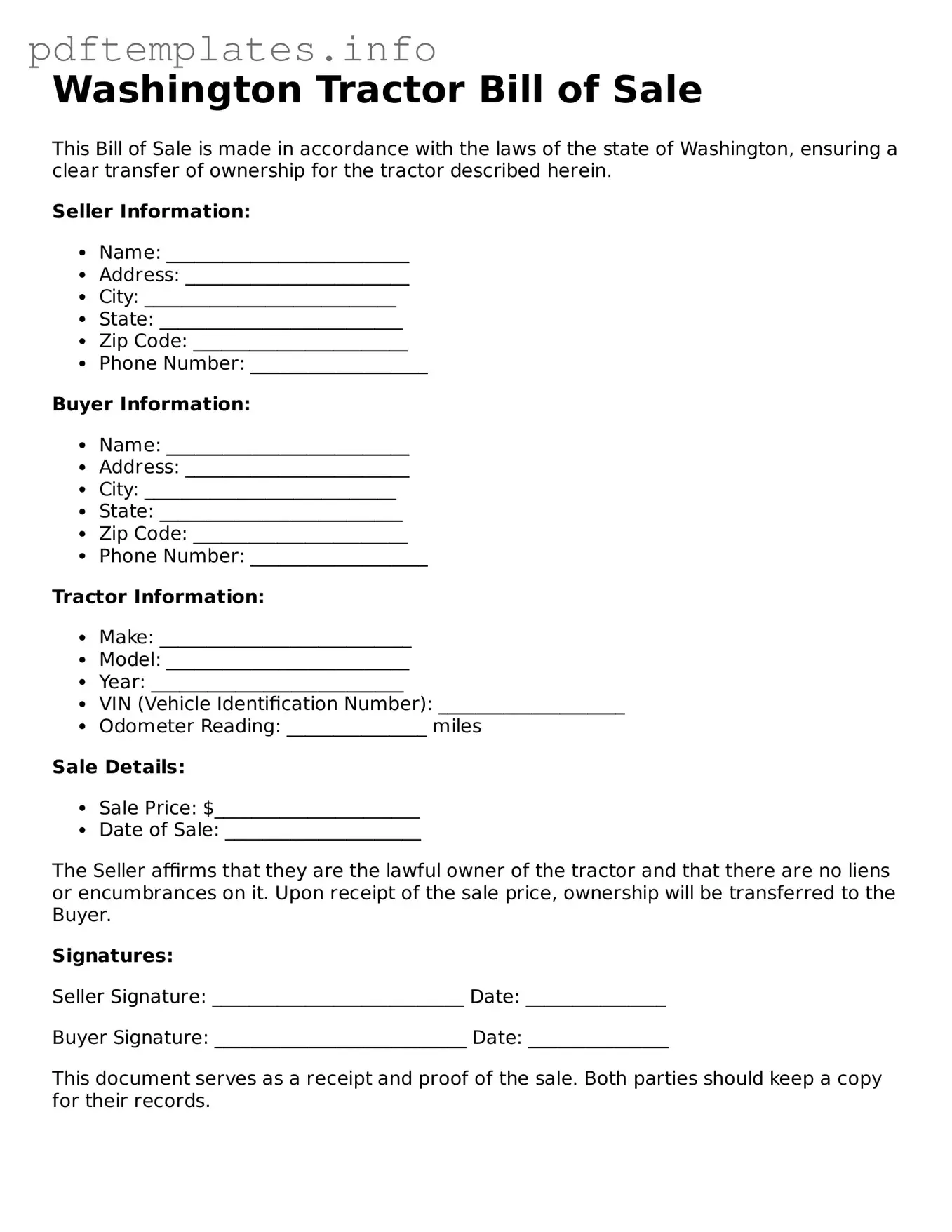 Blank Tractor Bill of Sale Form for Washington State
