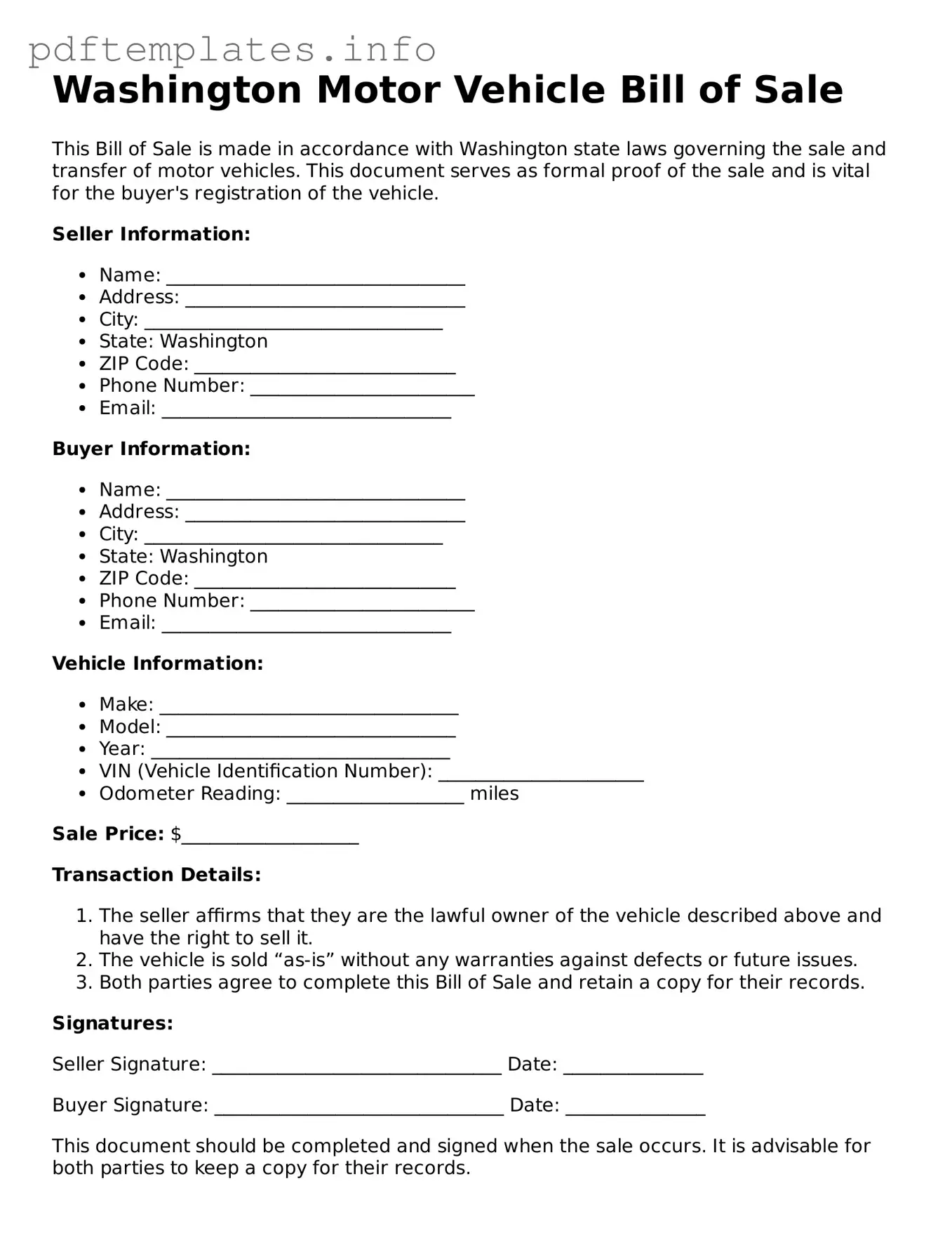Blank Motor Vehicle Bill of Sale Form for Washington State