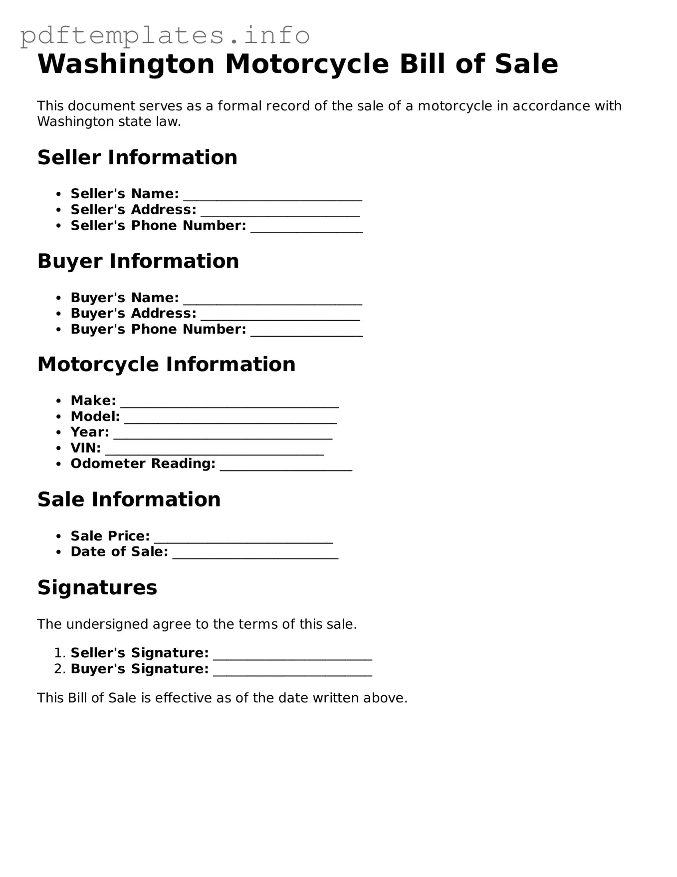 Blank Motorcycle Bill of Sale Form for Washington State