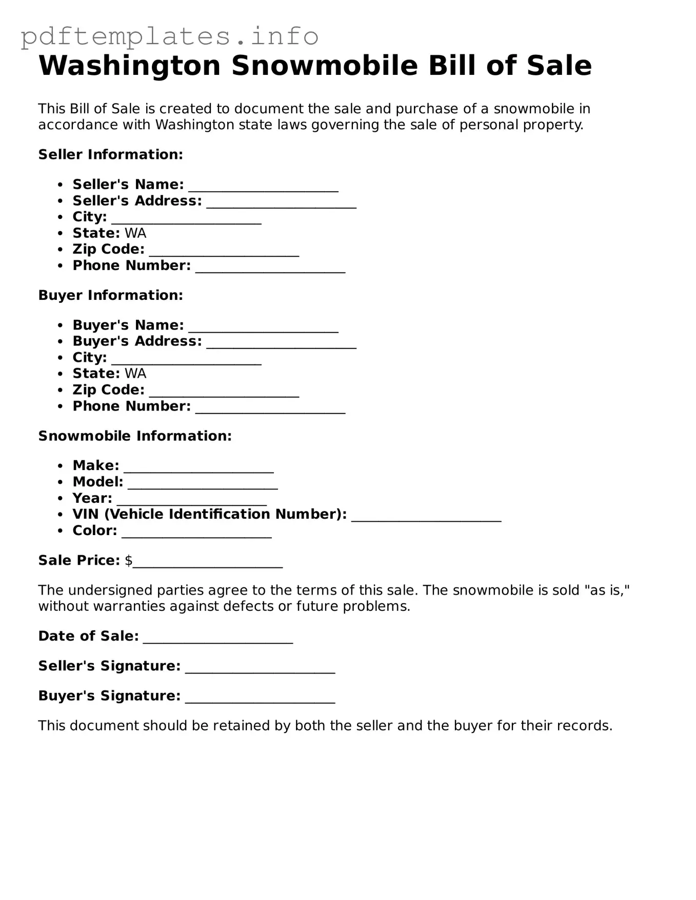 Blank Snowmobile Bill of Sale Form for Washington State