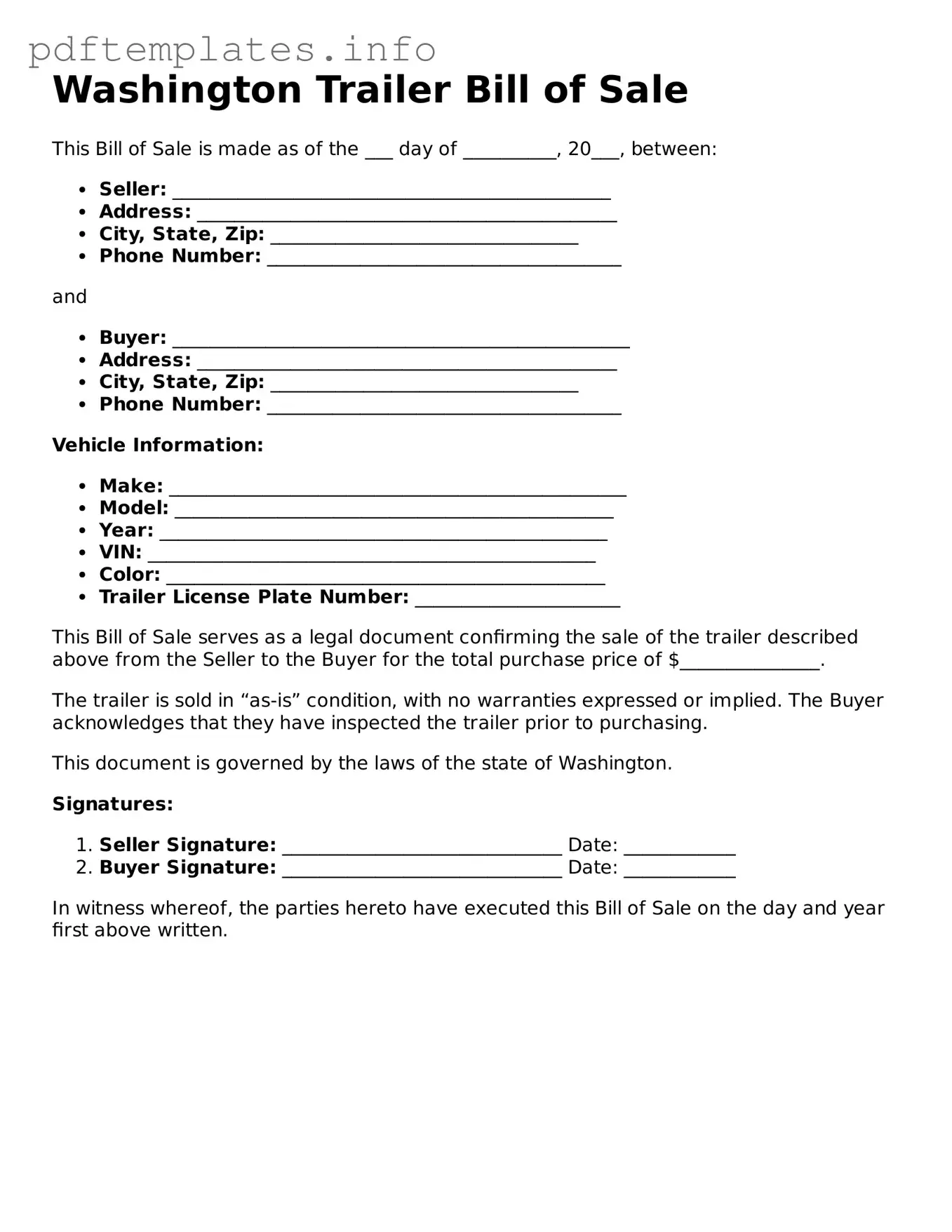Blank Trailer Bill of Sale Form for Washington State