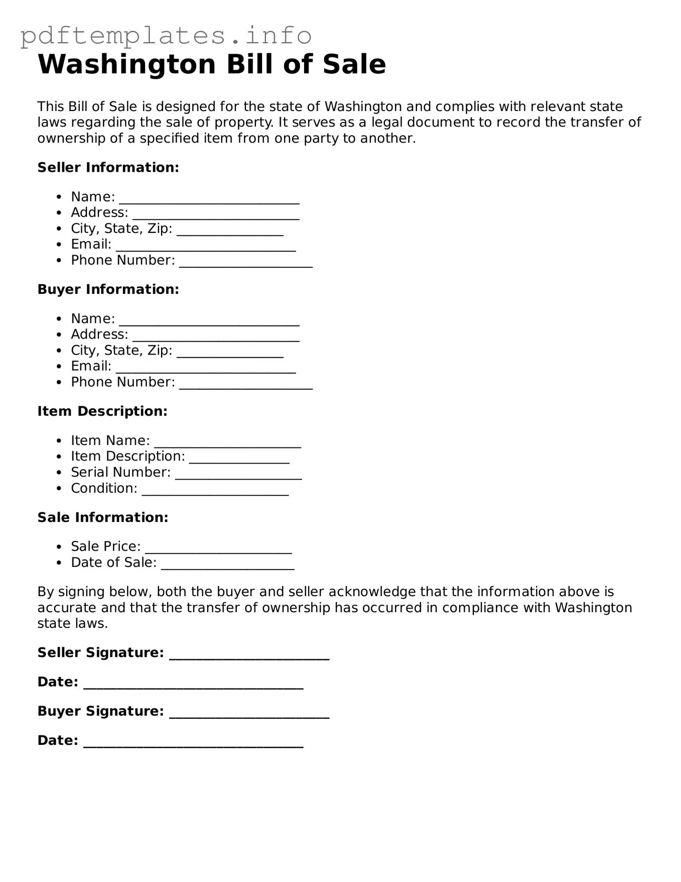 Blank Bill of Sale Form for Washington State