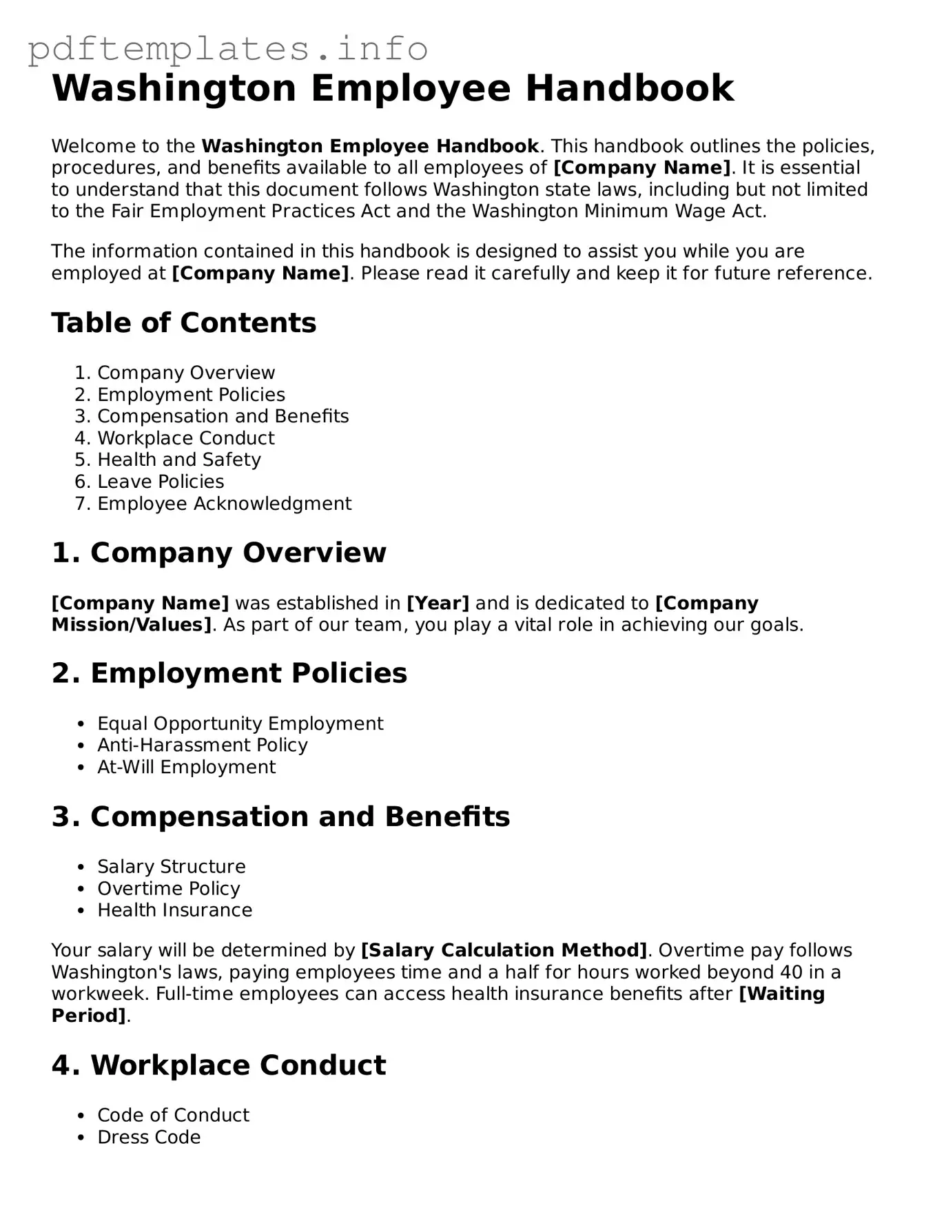 Blank Employee Handbook Form for Washington State