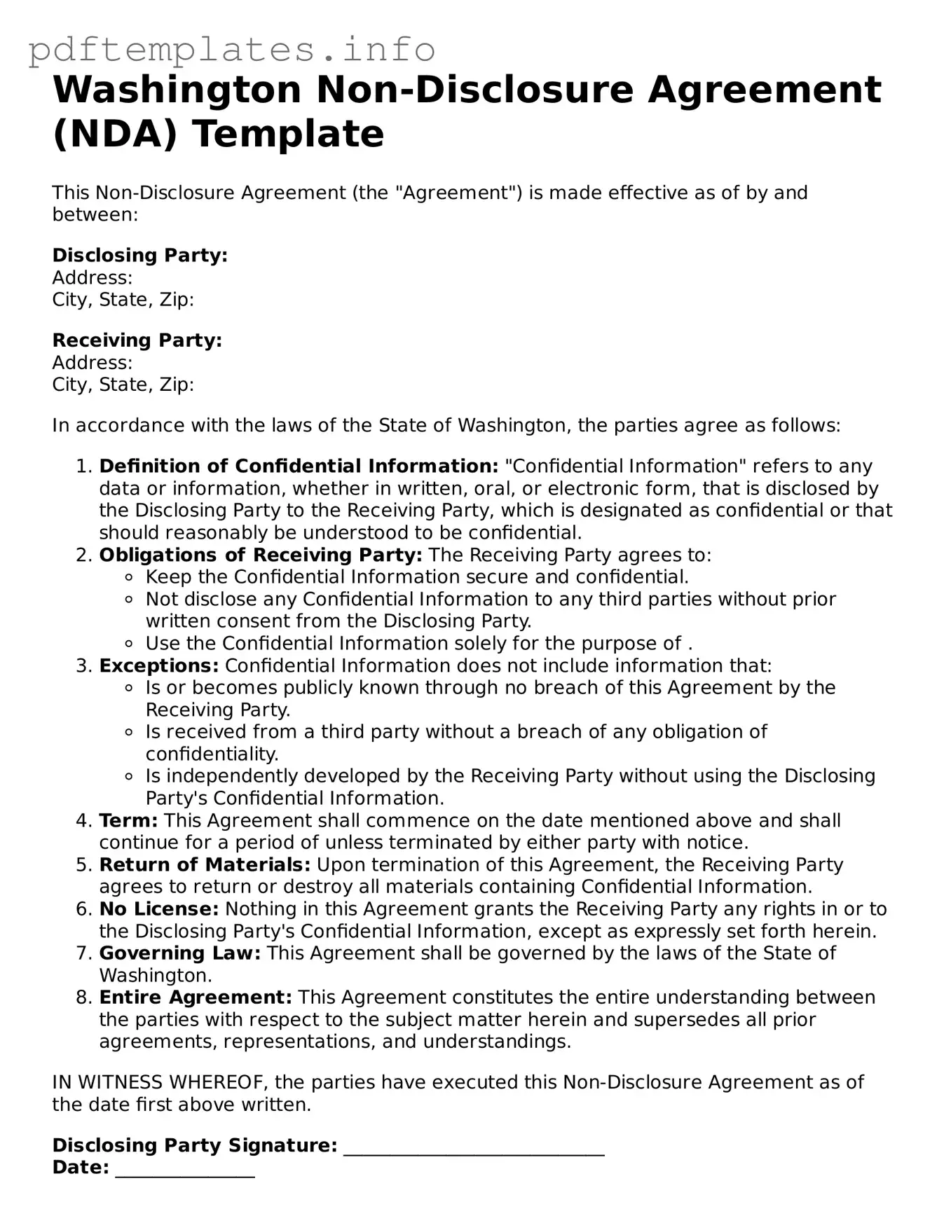Blank Non-disclosure Agreement Form for Washington State